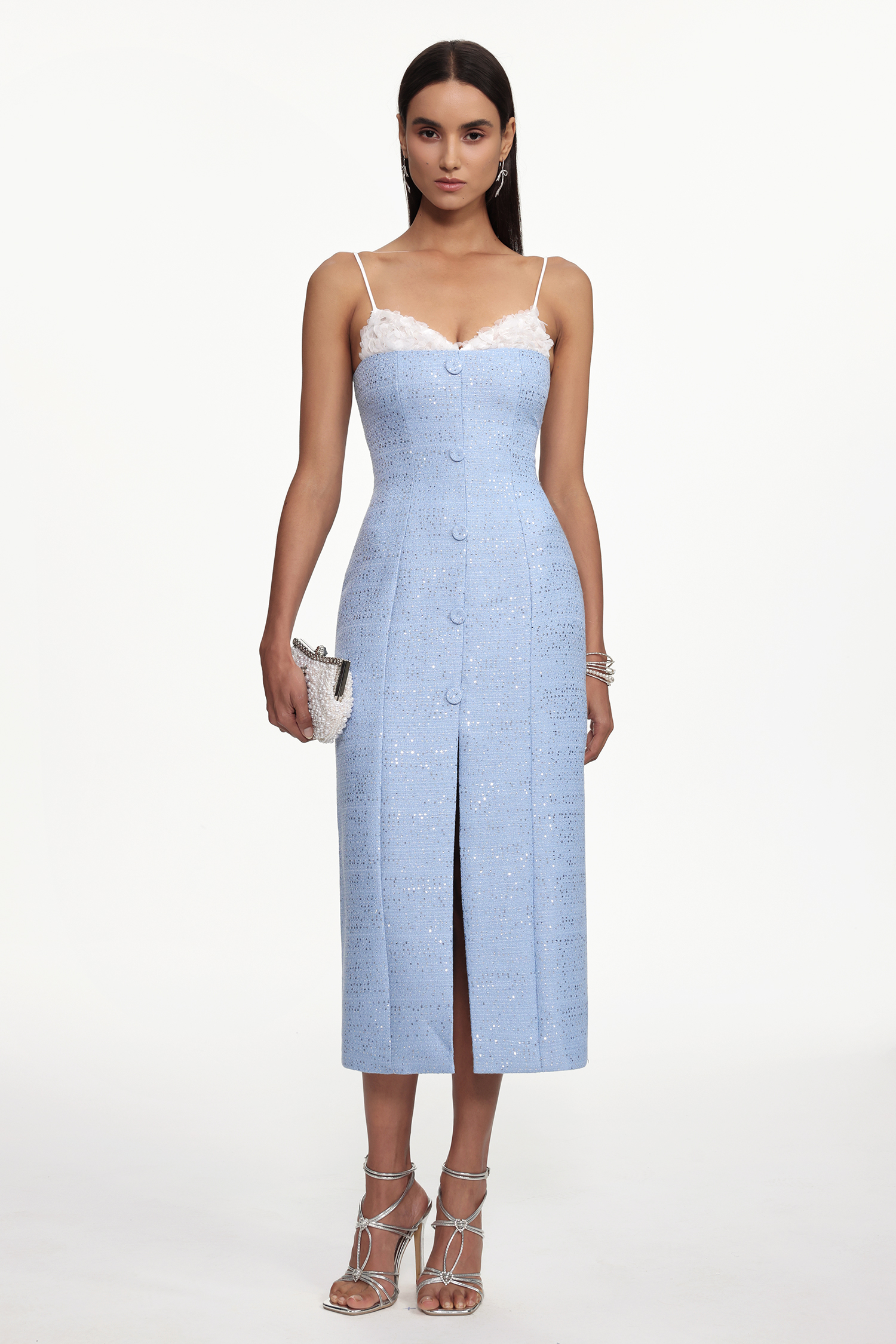 Yvan Classic Cinched Waist Sleeveless Buttoned Lace Tweed Maxi Dress