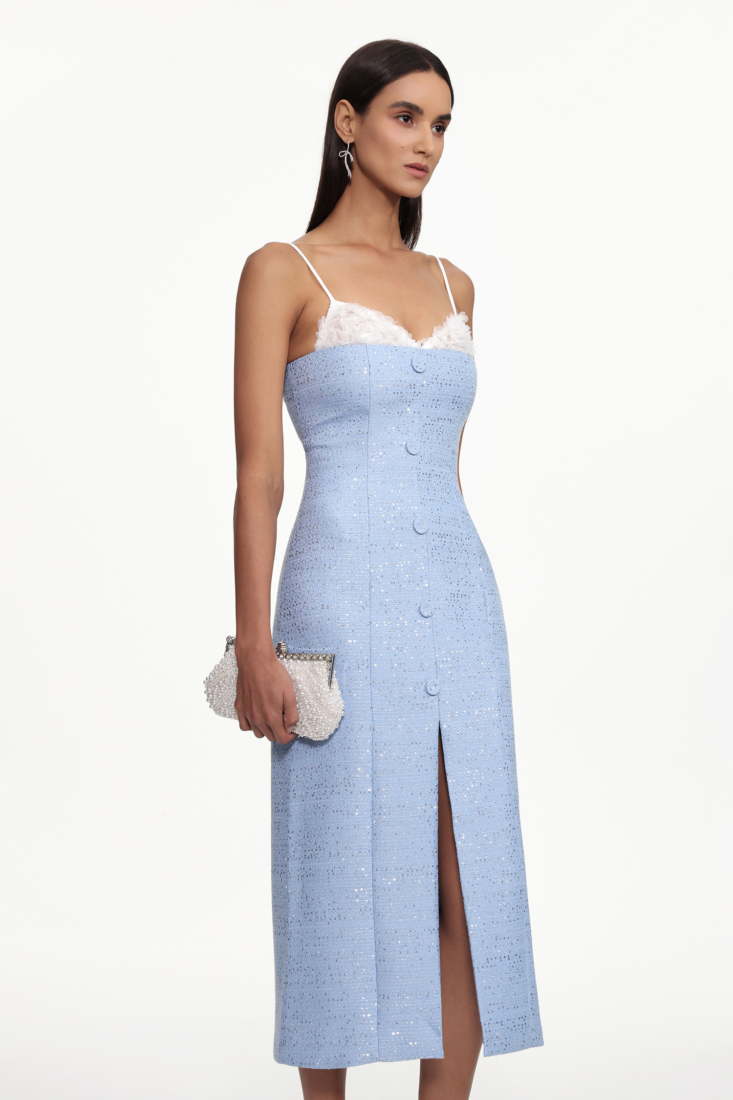 Yvan Classic Cinched Waist Sleeveless Buttoned Lace Tweed Maxi Dress