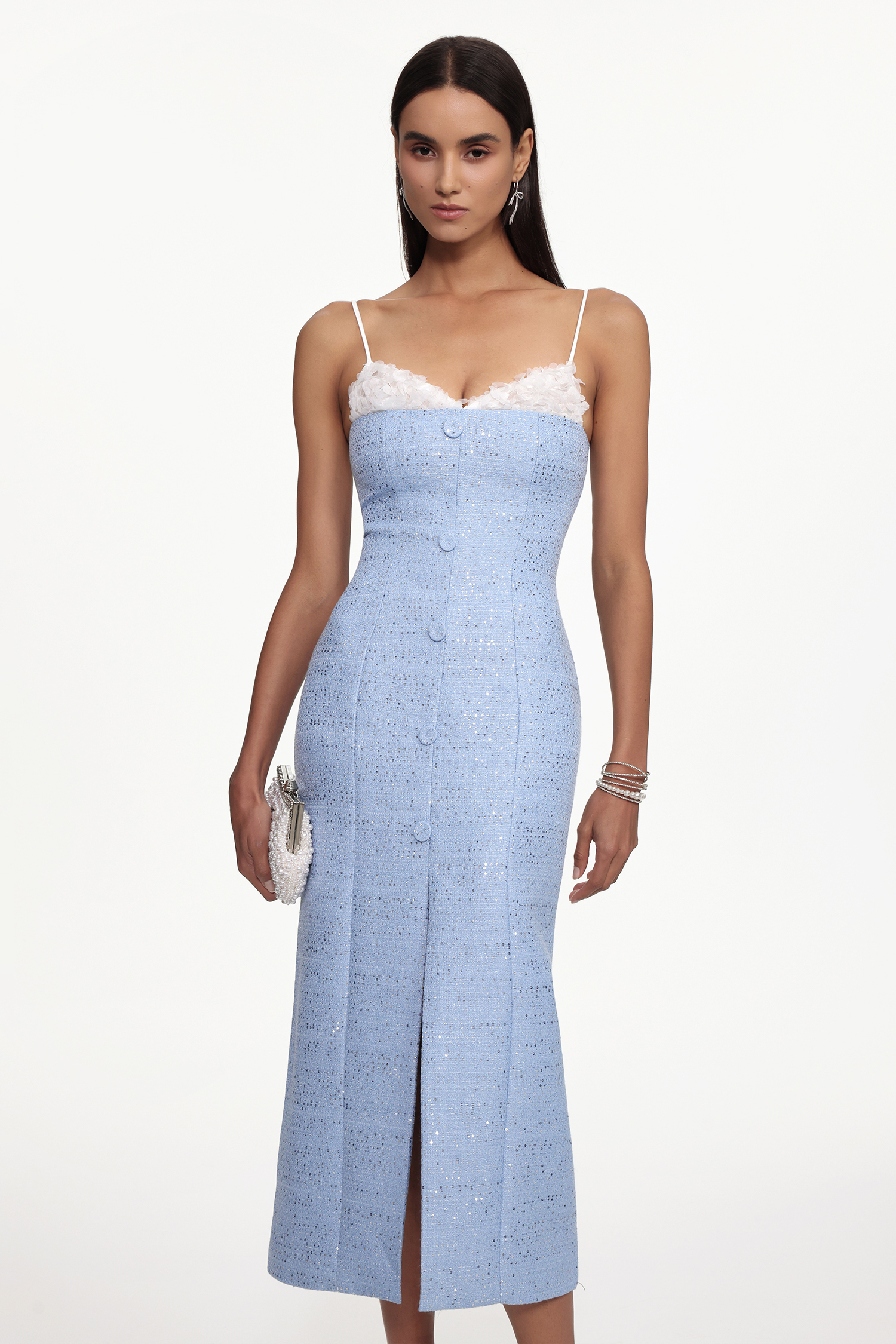 Yvan Classic Cinched Waist Sleeveless Buttoned Lace Tweed Maxi Dress