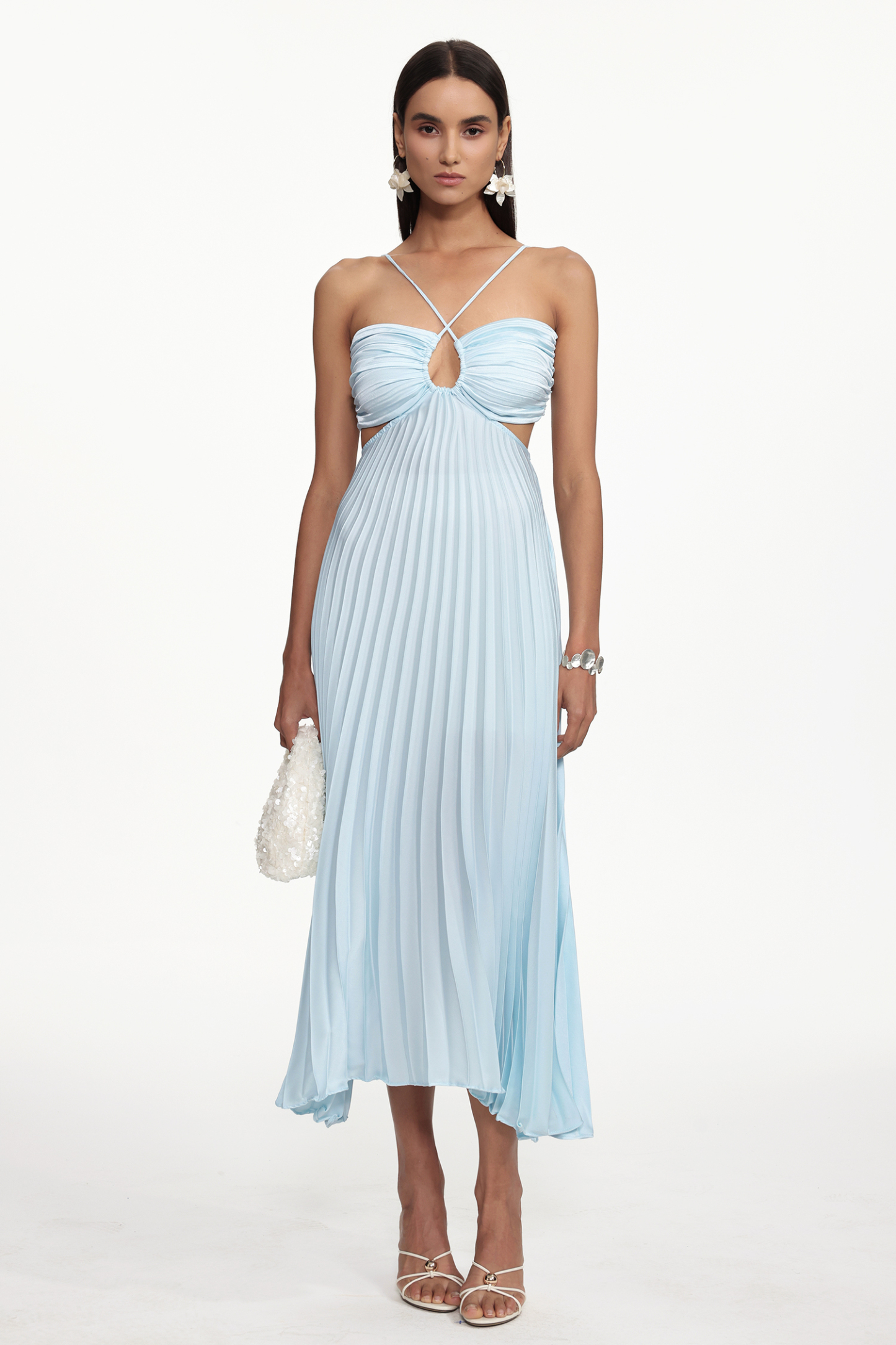 Rey Resort Flowy Halter Cut Out Pleated Woven Maxi Dress