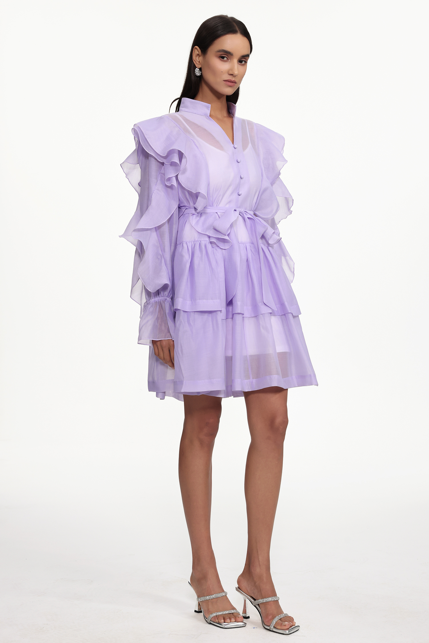 Kalic Resort Flowy Long Sleeve Buttoned Ruffle Woven Mini Dress