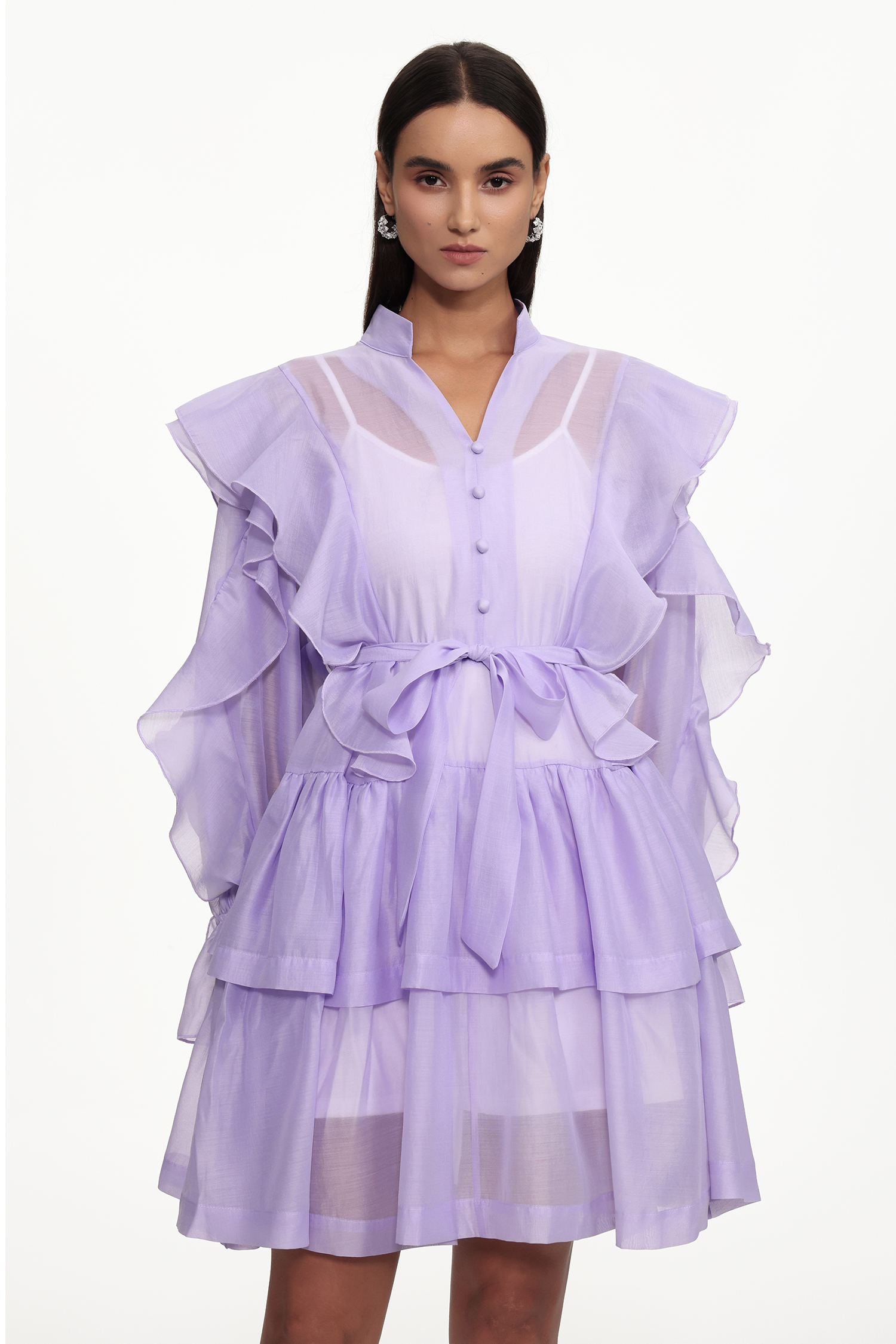 Kalic Resort Flowy Long Sleeve Buttoned Ruffle Woven Mini Dress