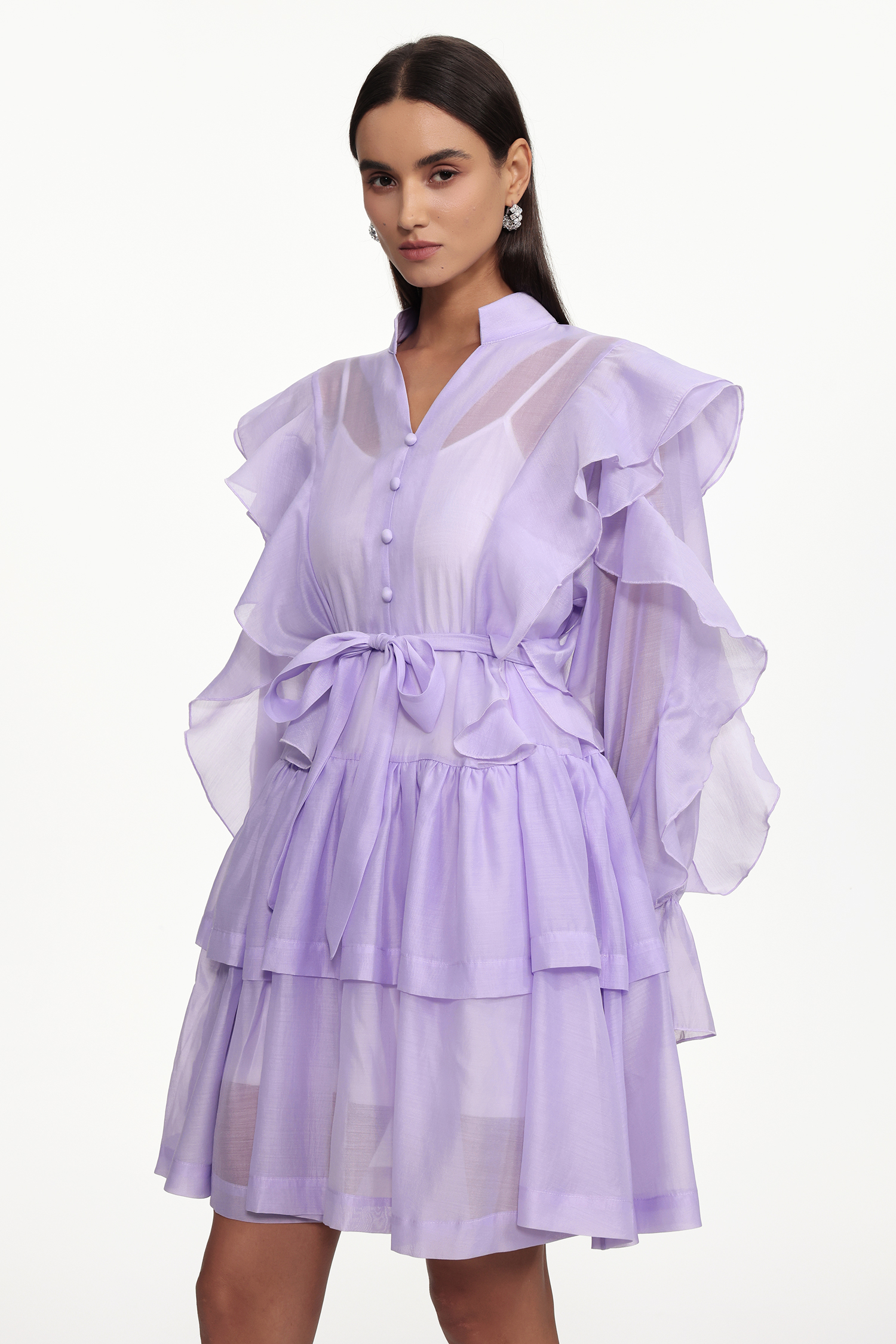 Kalic Resort Flowy Long Sleeve Buttoned Ruffle Woven Mini Dress