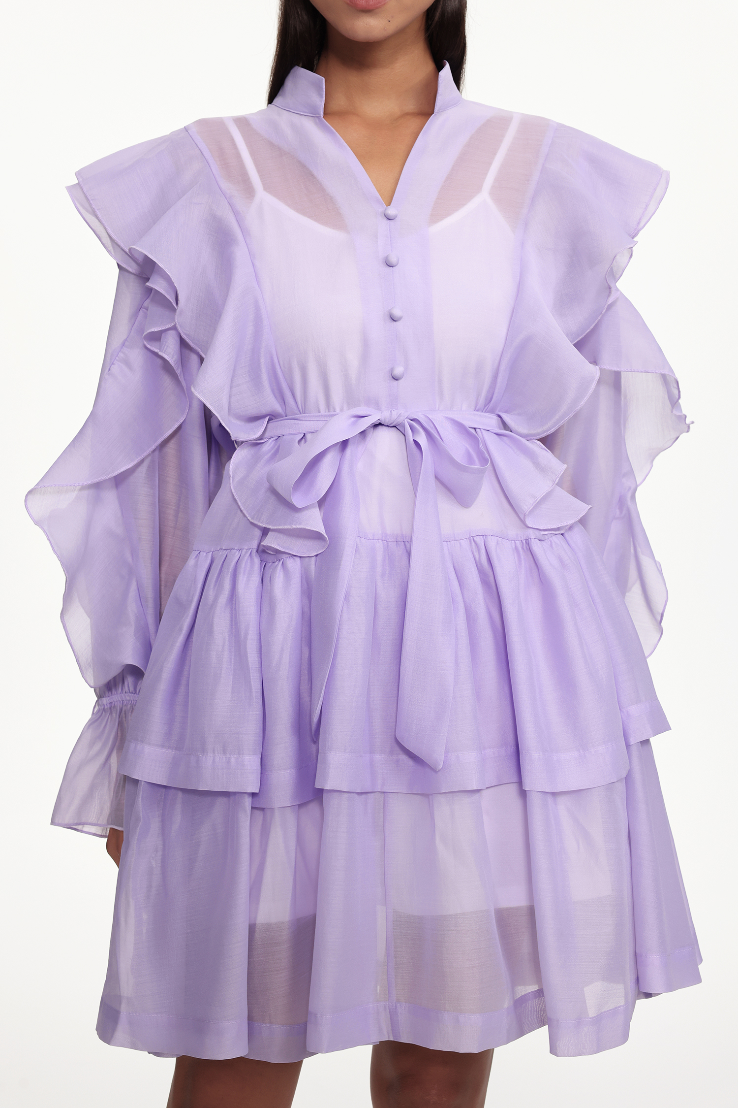 Kalic Resort Flowy Long Sleeve Buttoned Ruffle Woven Mini Dress