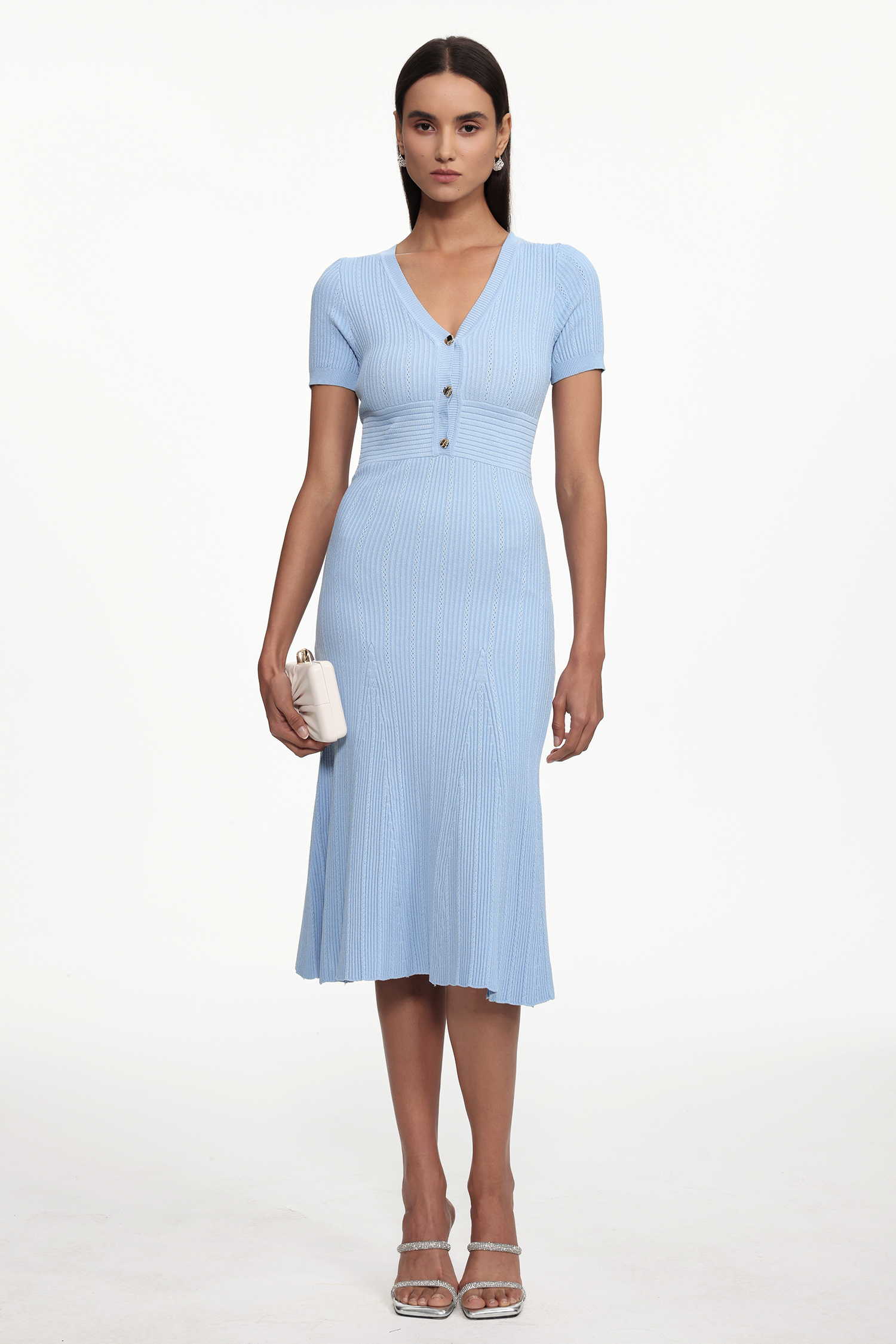 Yasir Elegant Contour V Neck Short Sleeve Knit Midi Dress