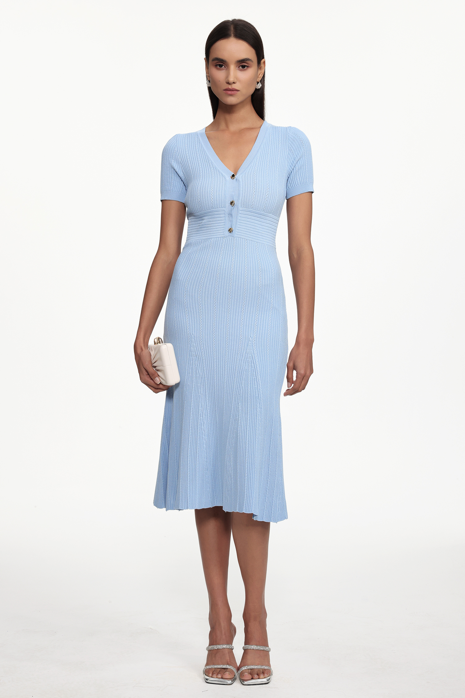 Yasir Elegant Contour V Neck Short Sleeve Knit Midi Dress
