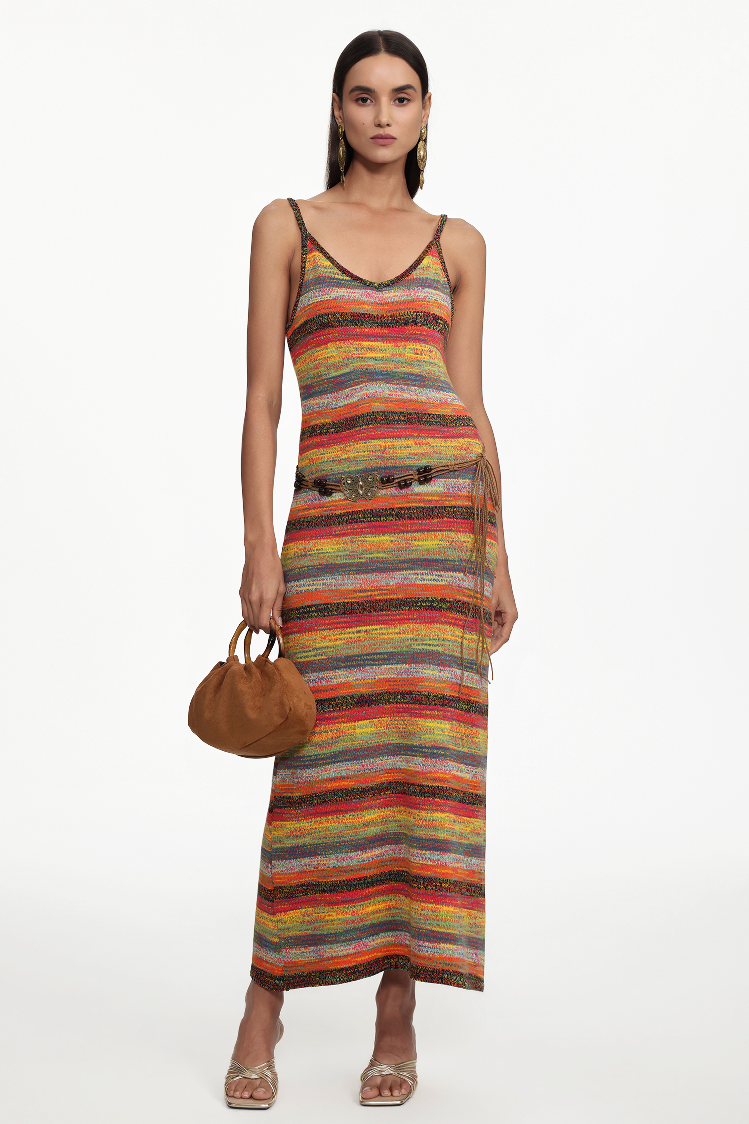 Rika Bohemian Contour Sleeveless Knit Maxi Dress or Braided Belt
