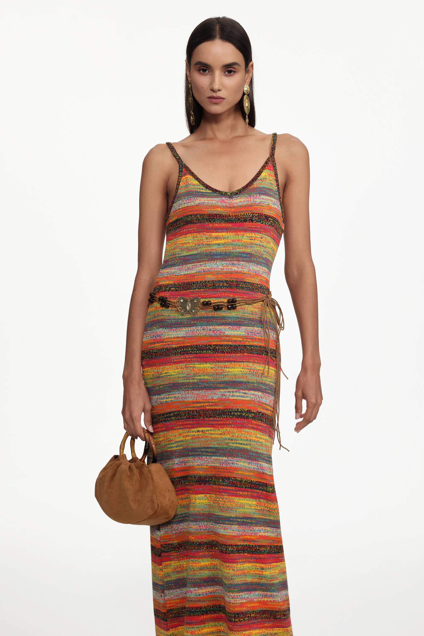 Rika Bohemian Contour Sleeveless Knit Maxi Dress or Braided Belt