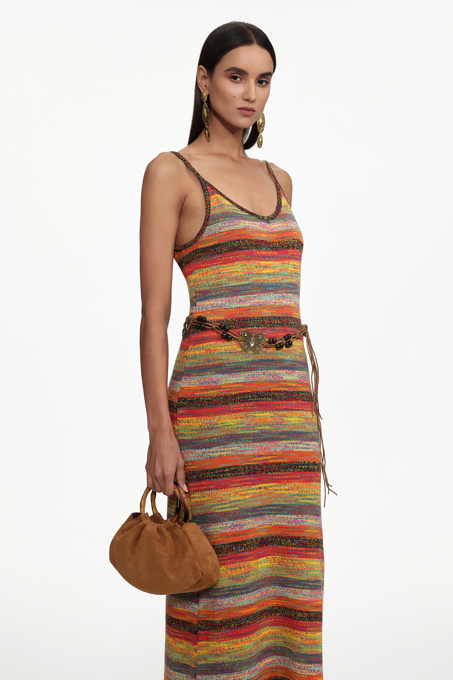 Rika Bohemian Contour Sleeveless Knit Maxi Dress or Braided Belt