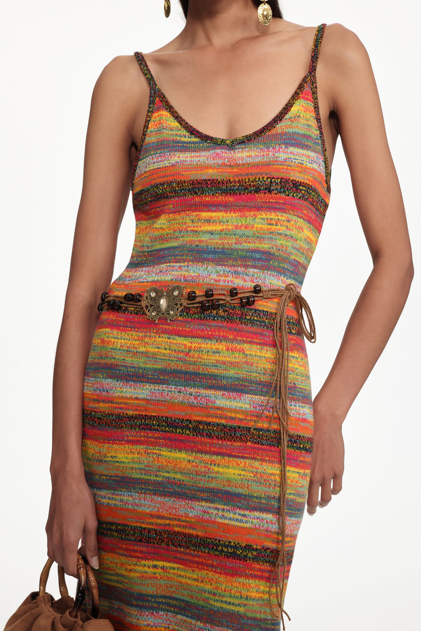 Rika Bohemian Contour Sleeveless Knit Maxi Dress or Braided Belt