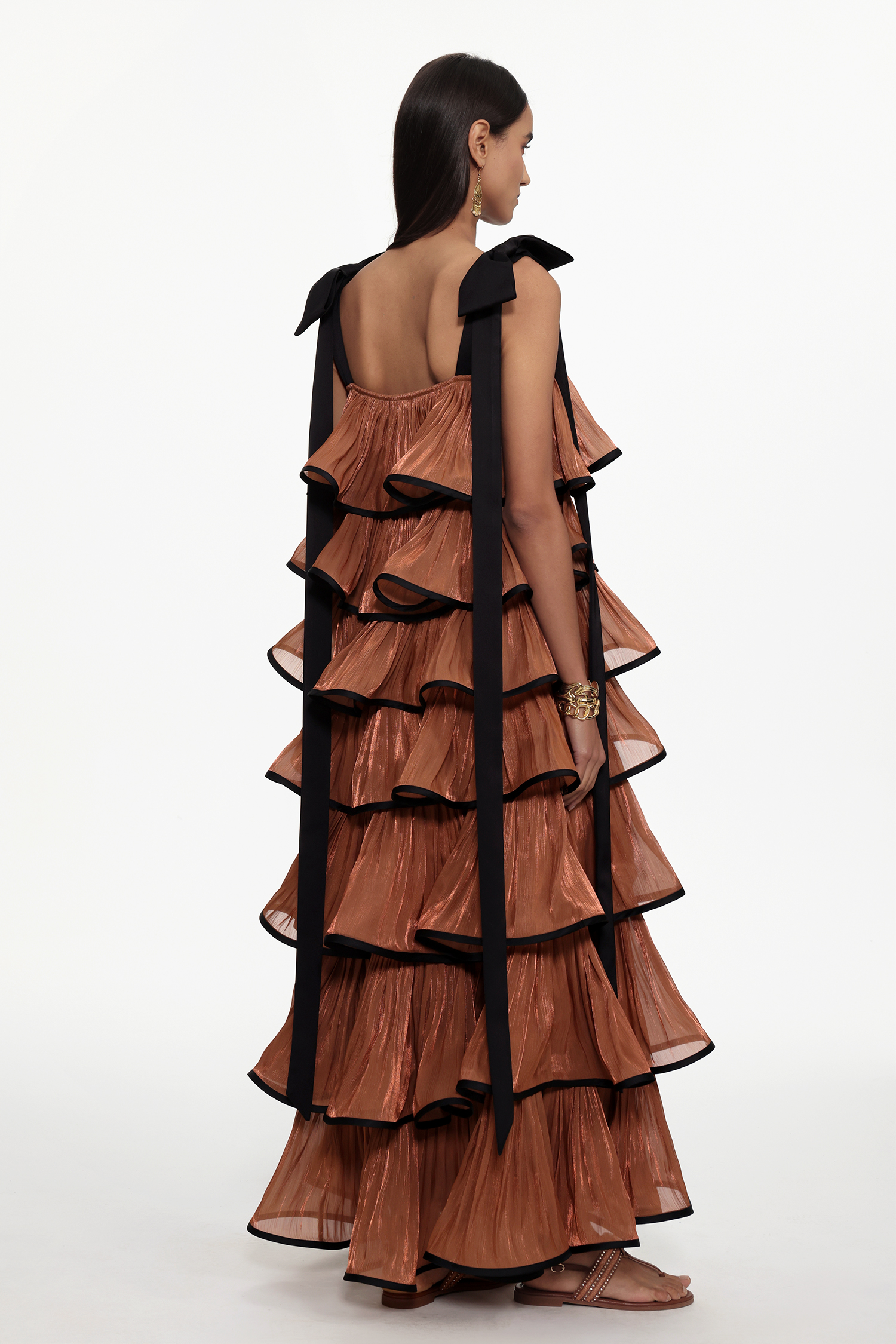 Uareni Resort Flowy Bow Strap Pleated Organza Maxi Dress