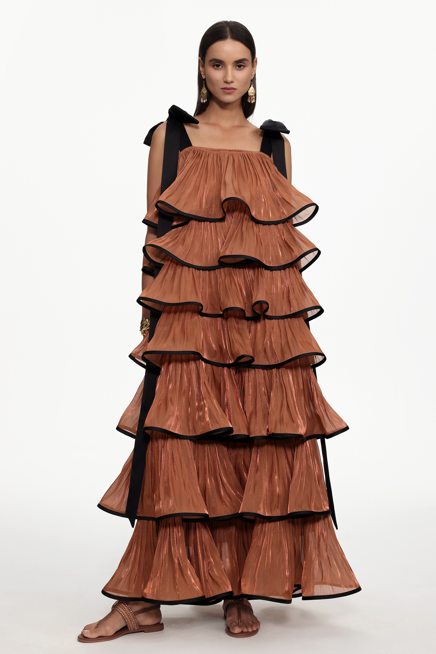 Uareni Resort Flowy Bow Strap Pleated Organza Maxi Dress