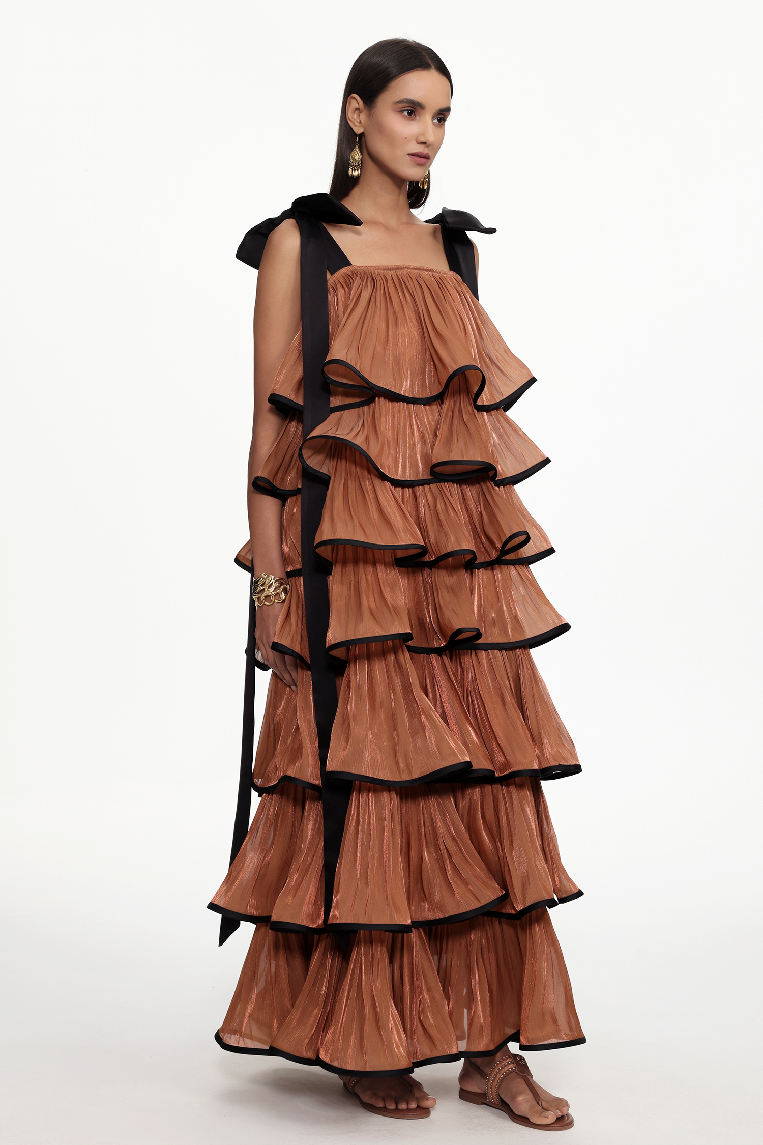 Uareni Resort Flowy Bow Strap Pleated Organza Maxi Dress