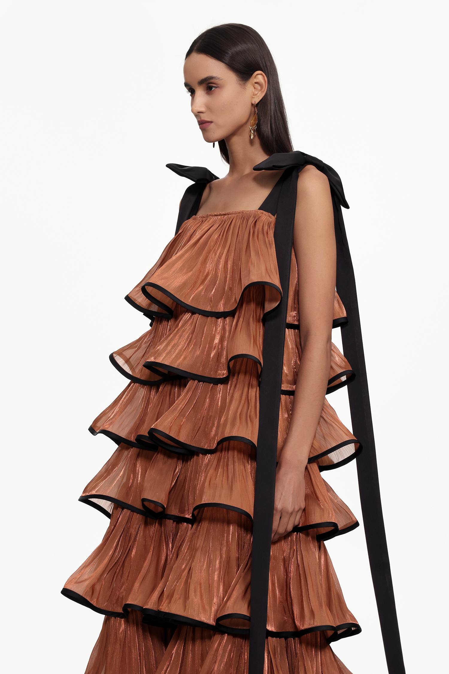 Uareni Resort Flowy Bow Strap Pleated Organza Maxi Dress