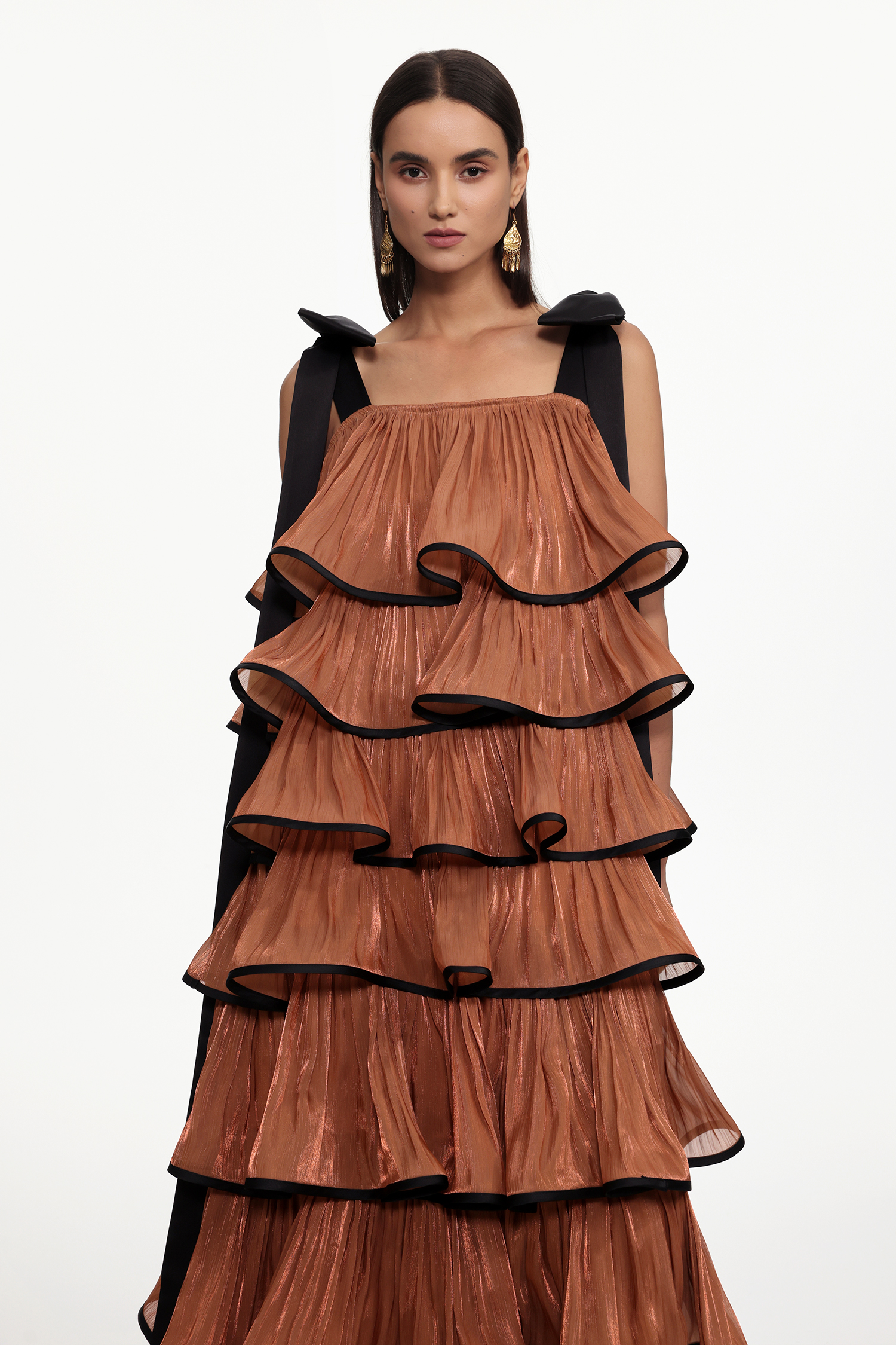 Uareni Resort Flowy Bow Strap Pleated Organza Maxi Dress