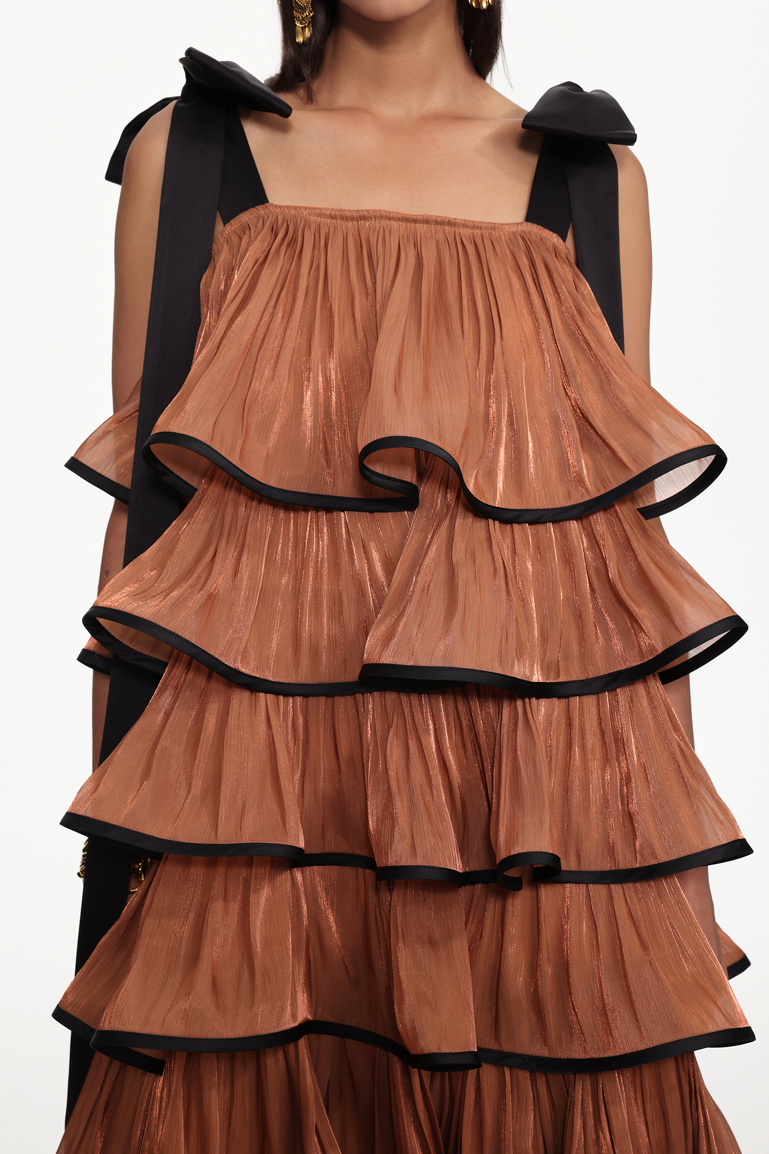 Uareni Resort Flowy Bow Strap Pleated Organza Maxi Dress