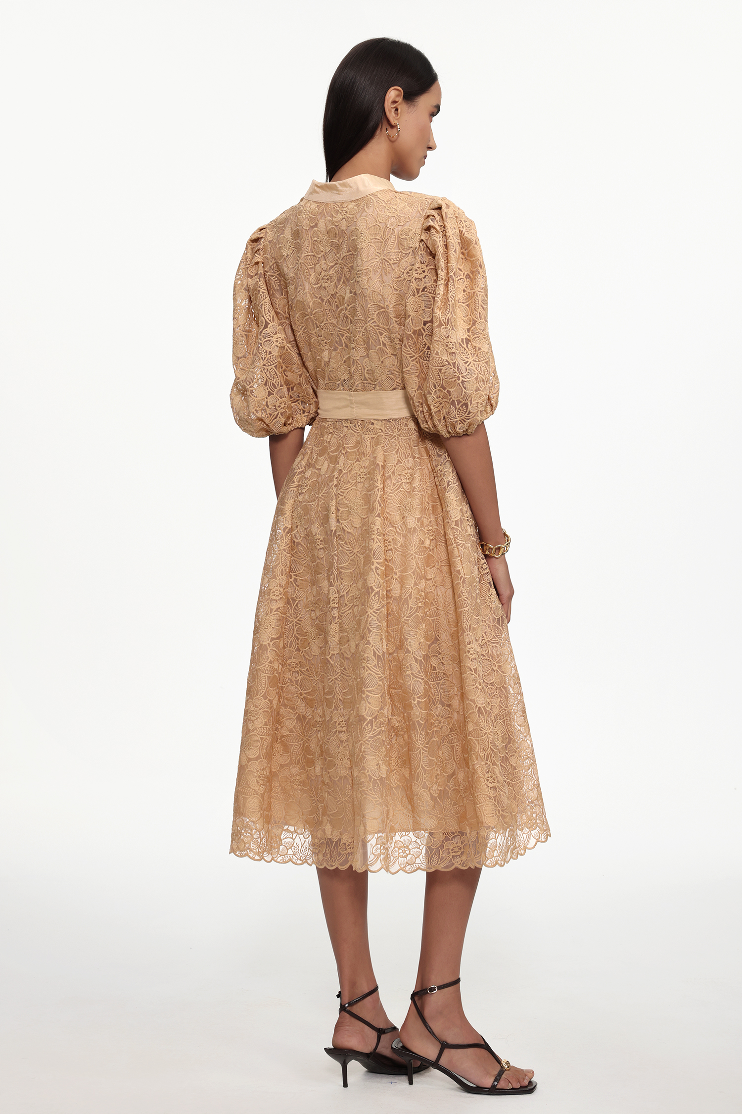 Tailored Resort Flowy Puff Sleeve Floral Lace Woven Midi Dress