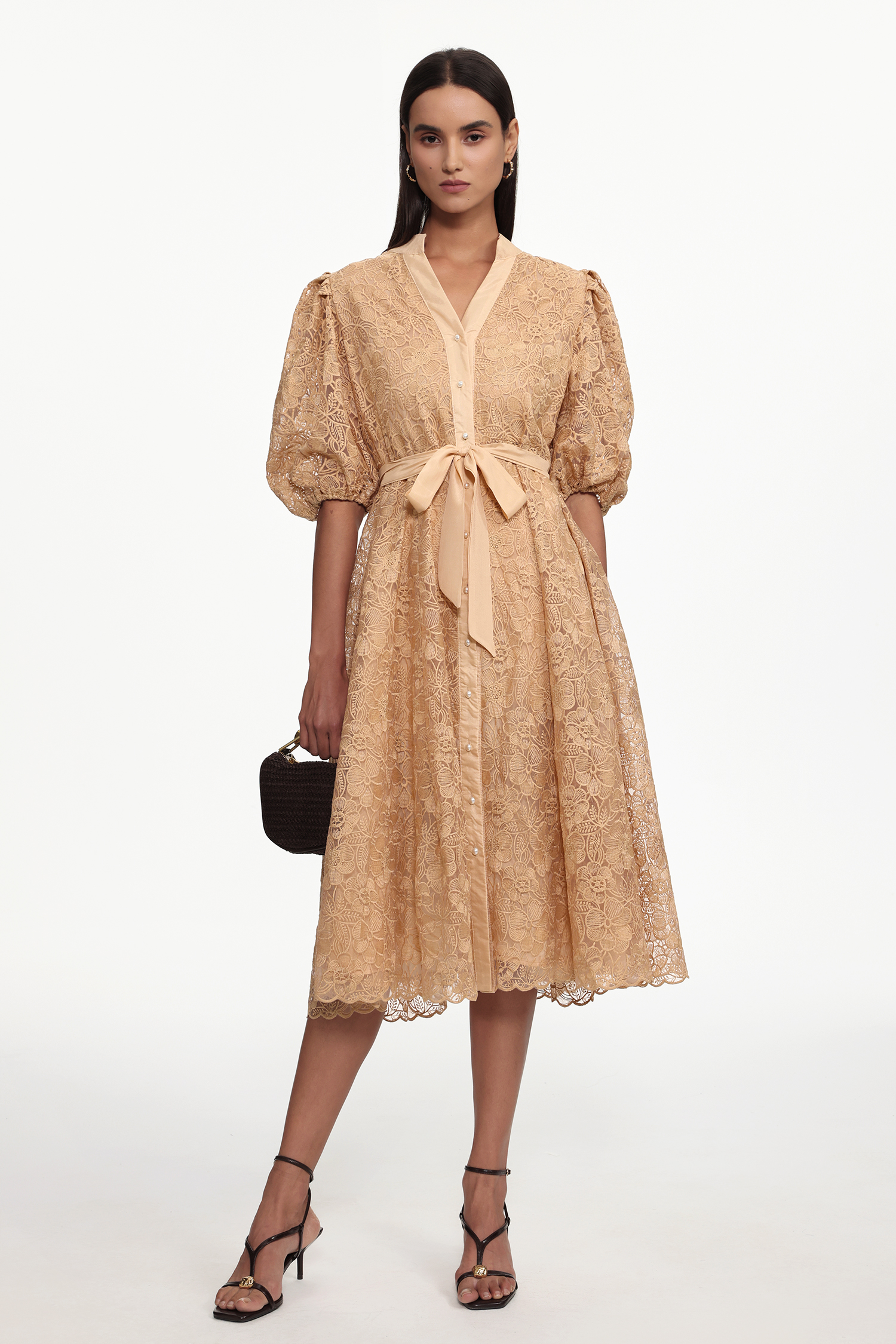 Tailored Resort Flowy Puff Sleeve Floral Lace Woven Midi Dress