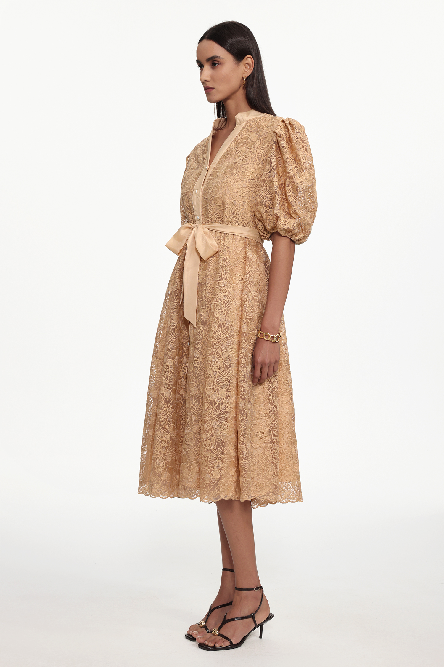 Tailored Resort Flowy Puff Sleeve Floral Lace Woven Midi Dress