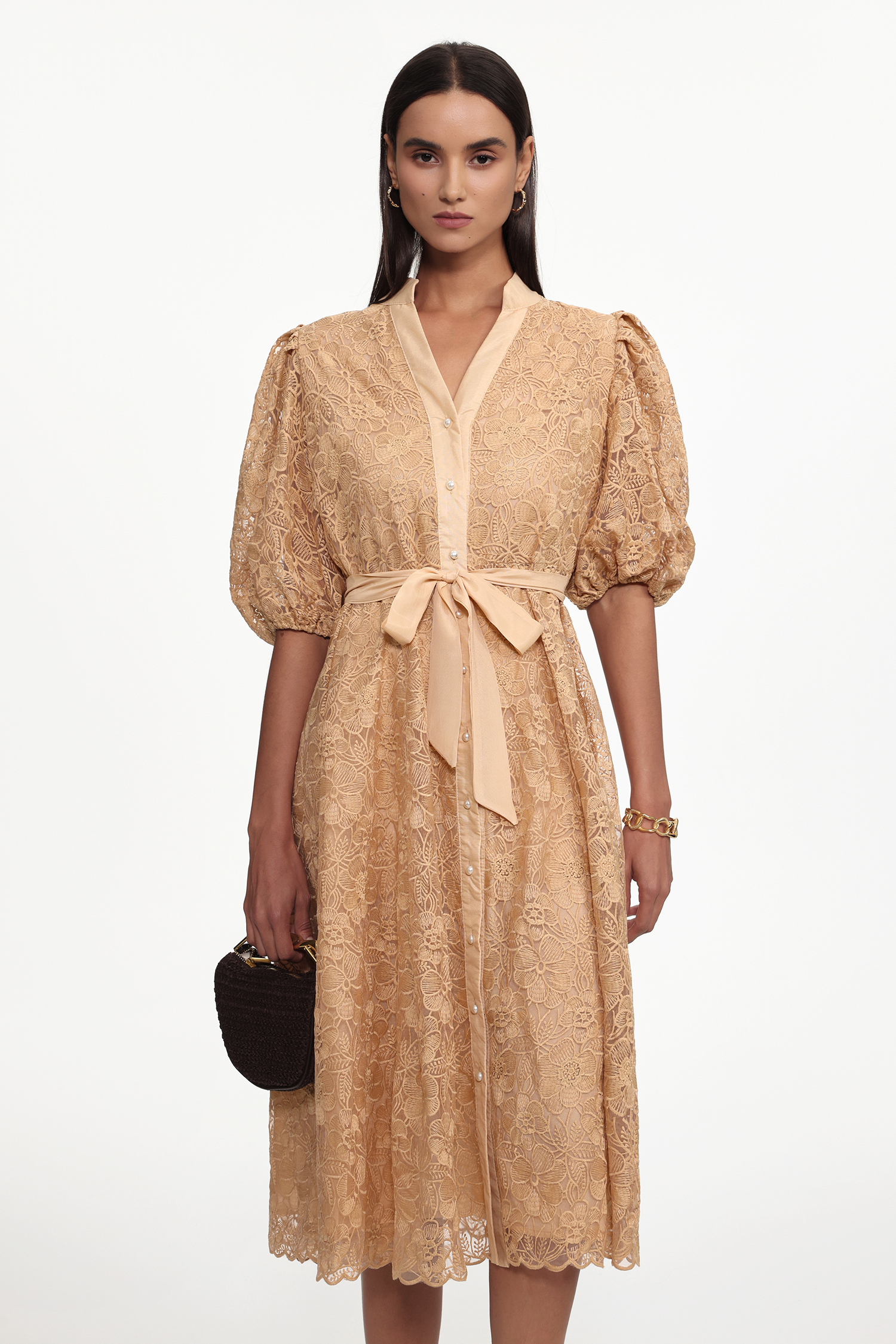 Tailored Resort Flowy Puff Sleeve Floral Lace Woven Midi Dress