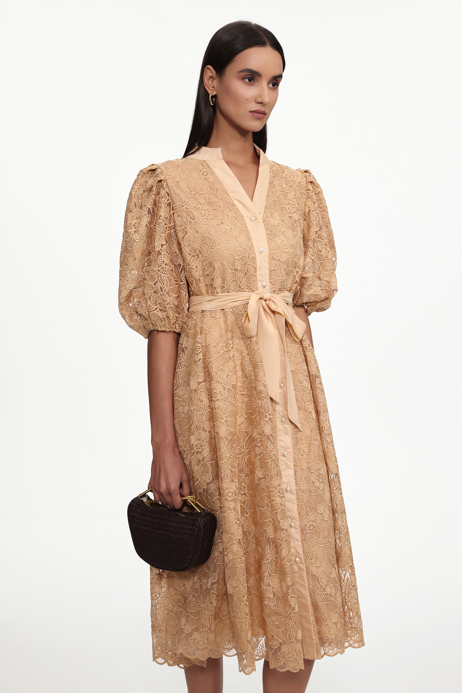 Tailored Resort Flowy Puff Sleeve Floral Lace Woven Midi Dress