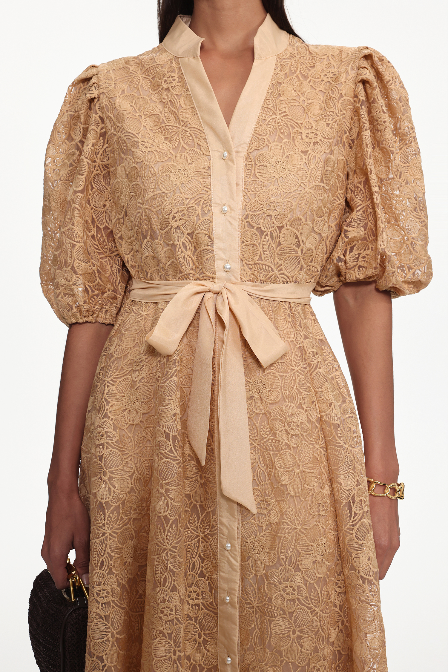 Tailored Resort Flowy Puff Sleeve Floral Lace Woven Midi Dress