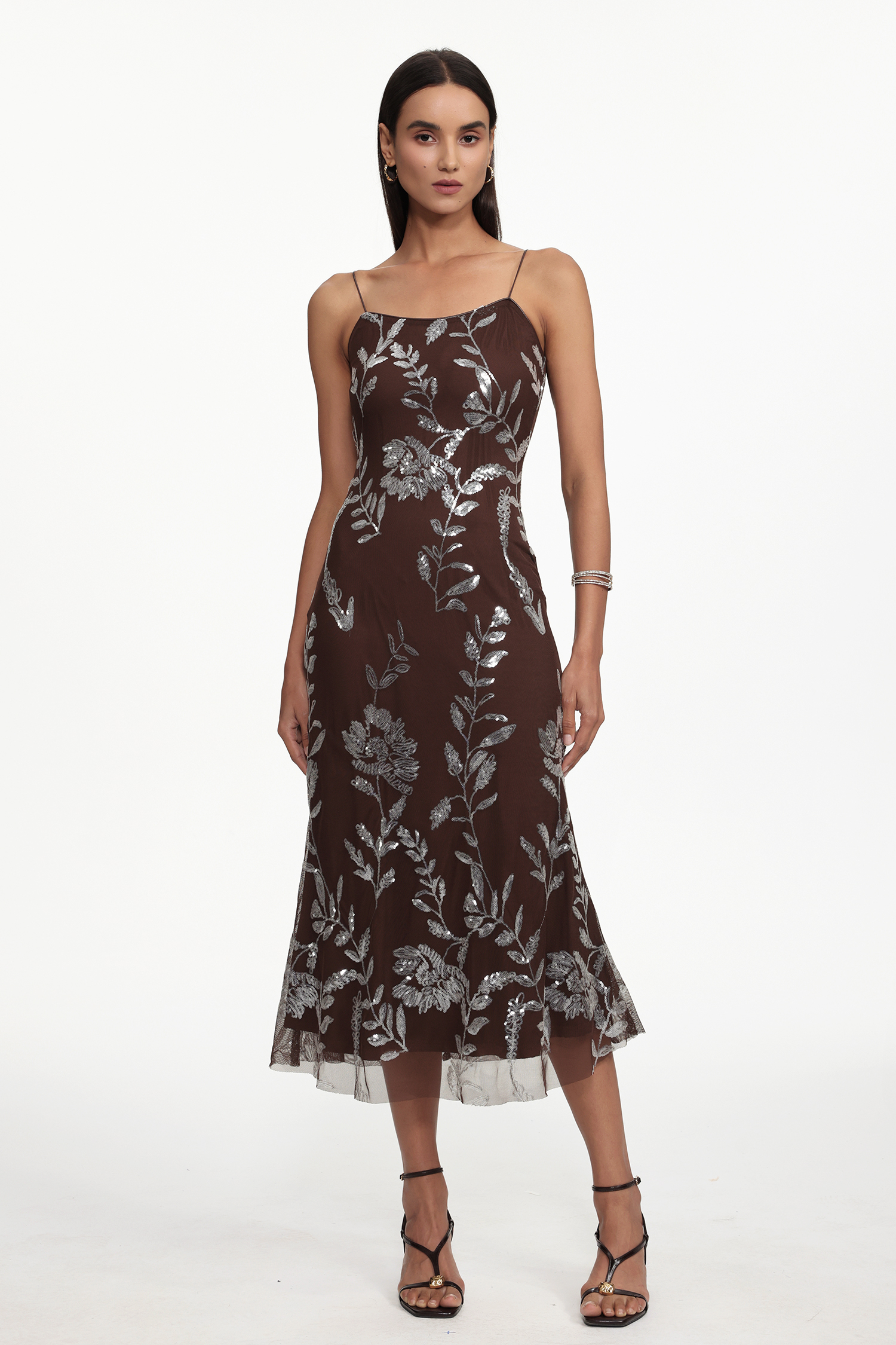 Selien Elegant Contour Sleeveless Floral Sequin Embroidered Mesh Maxi Dress