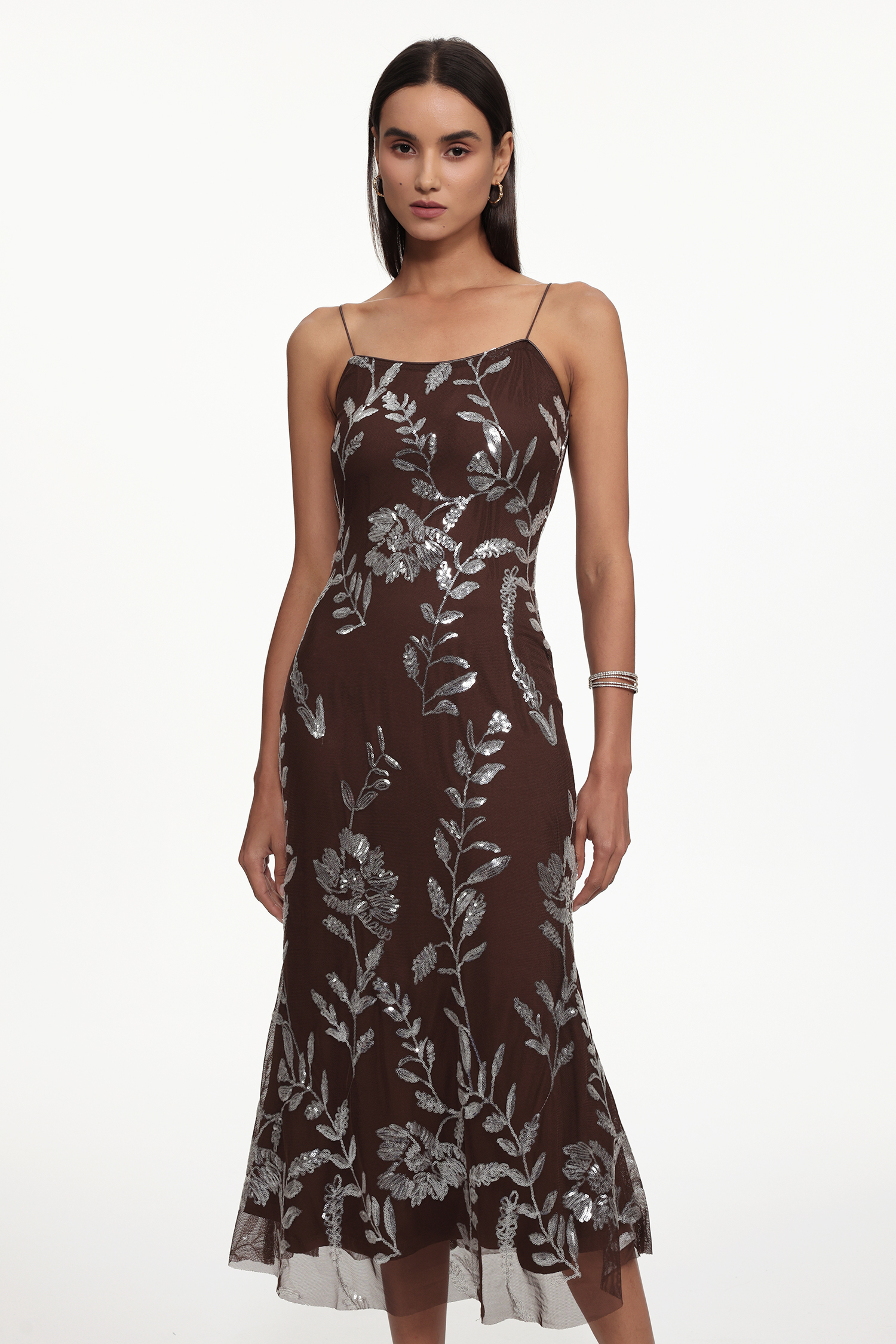 Selien Elegant Contour Sleeveless Floral Sequin Embroidered Mesh Maxi Dress