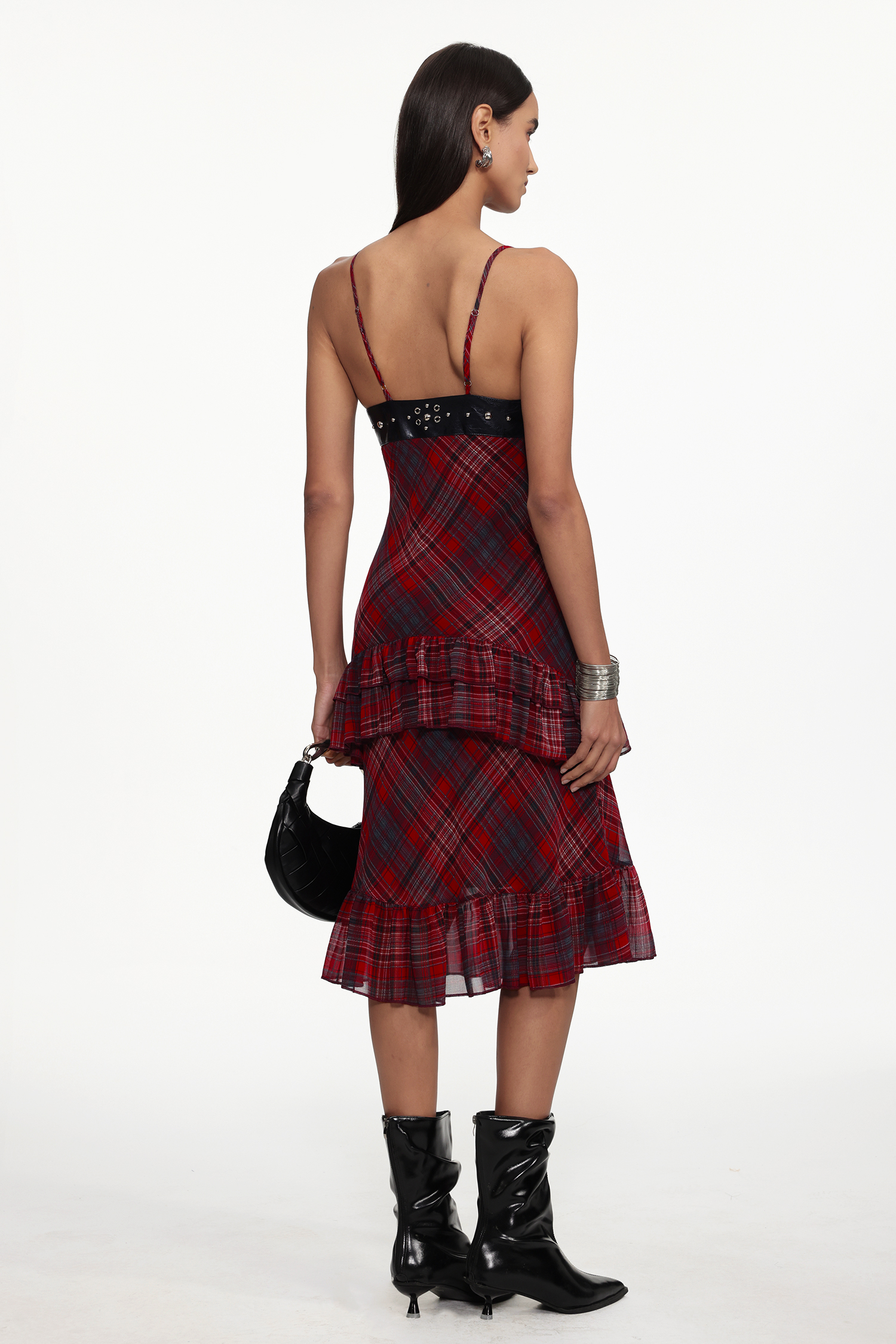 Sabrana Chic Flowy Sleeveless Ruffle Plaid Chiffon Midi Dress