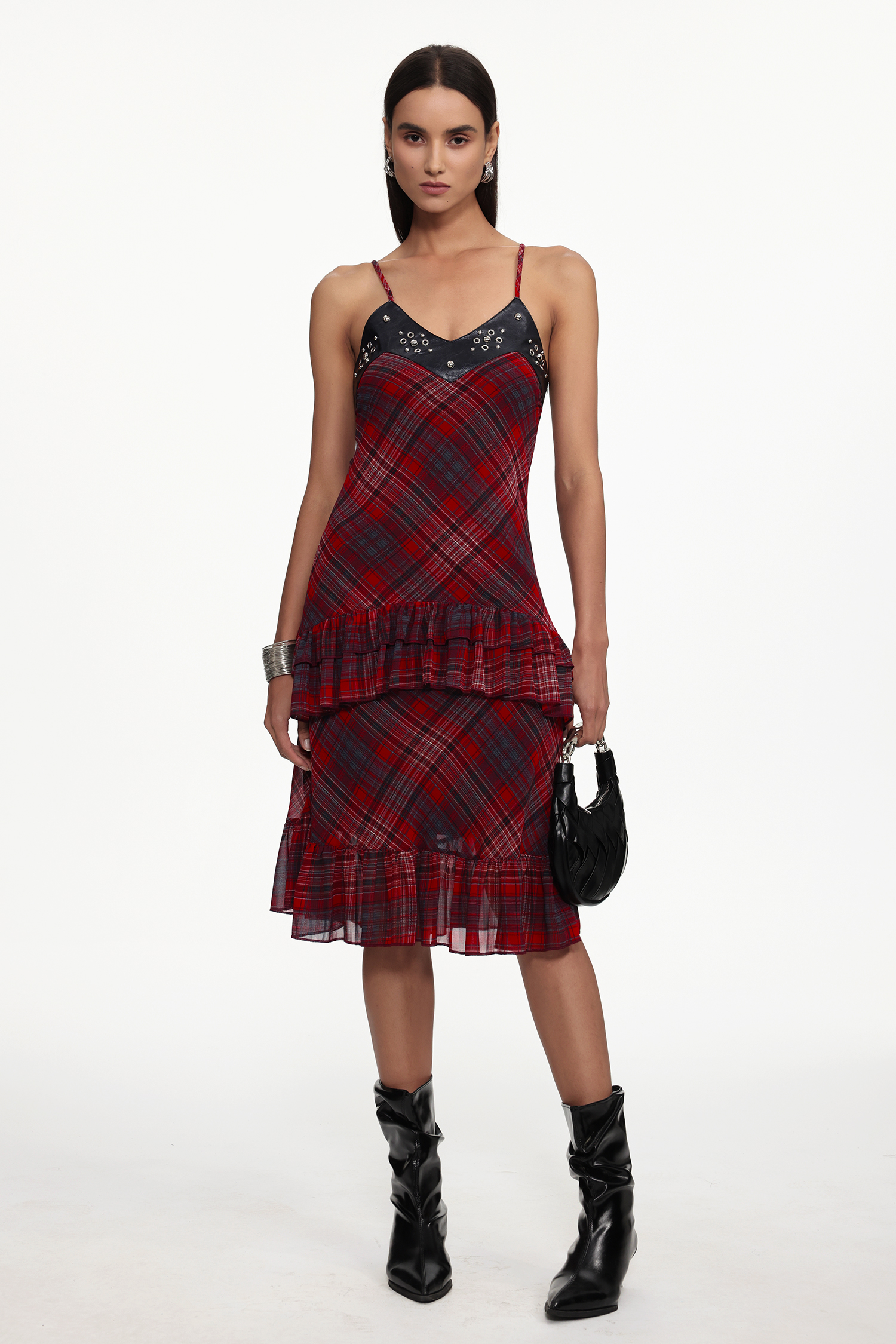Sabrana Chic Flowy Sleeveless Ruffle Plaid Chiffon Midi Dress