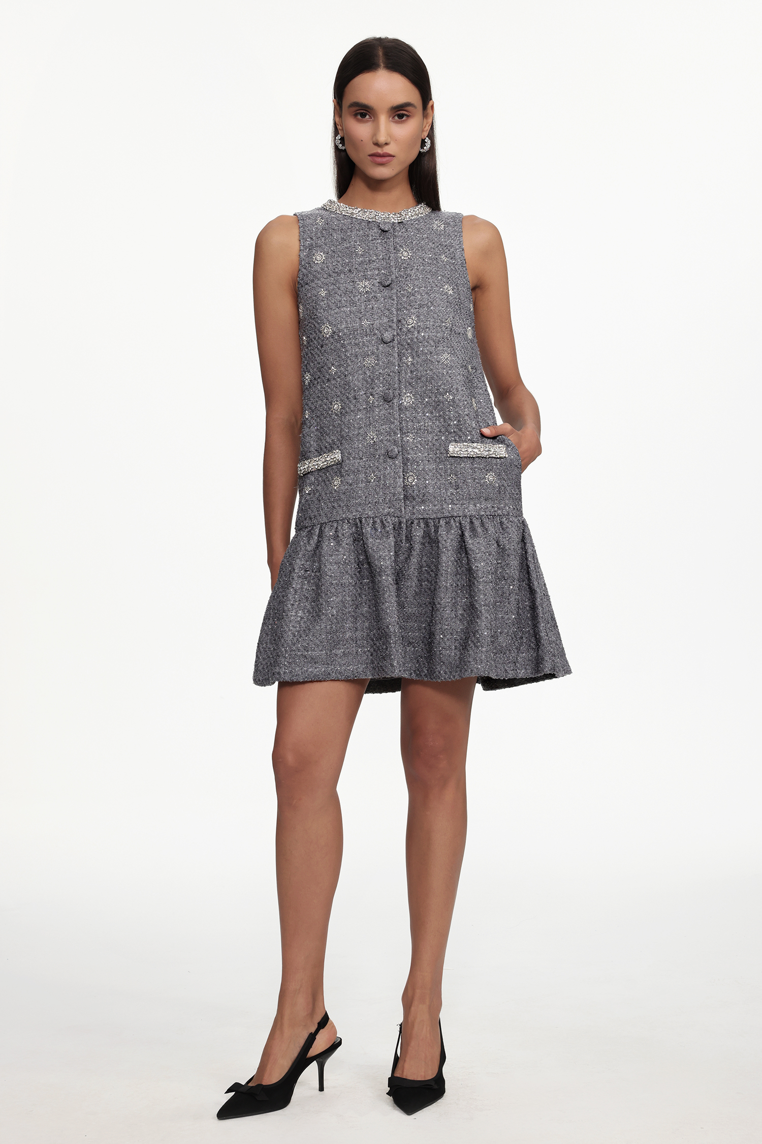 Naya Classic Tailored Round Neck Sleeveless Rhinestone Woven Mini Dress