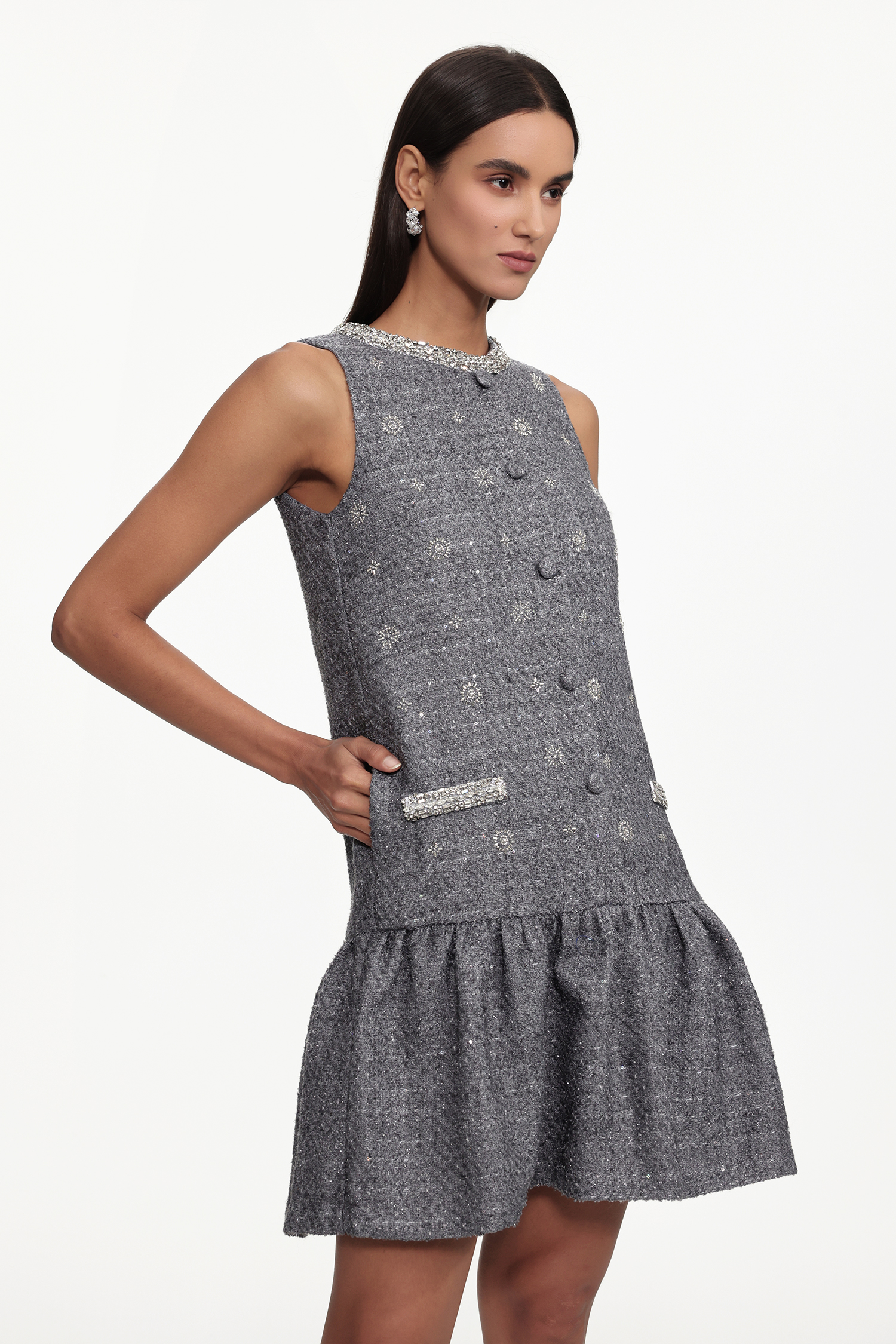 Naya Classic Tailored Round Neck Sleeveless Rhinestone Woven Mini Dress