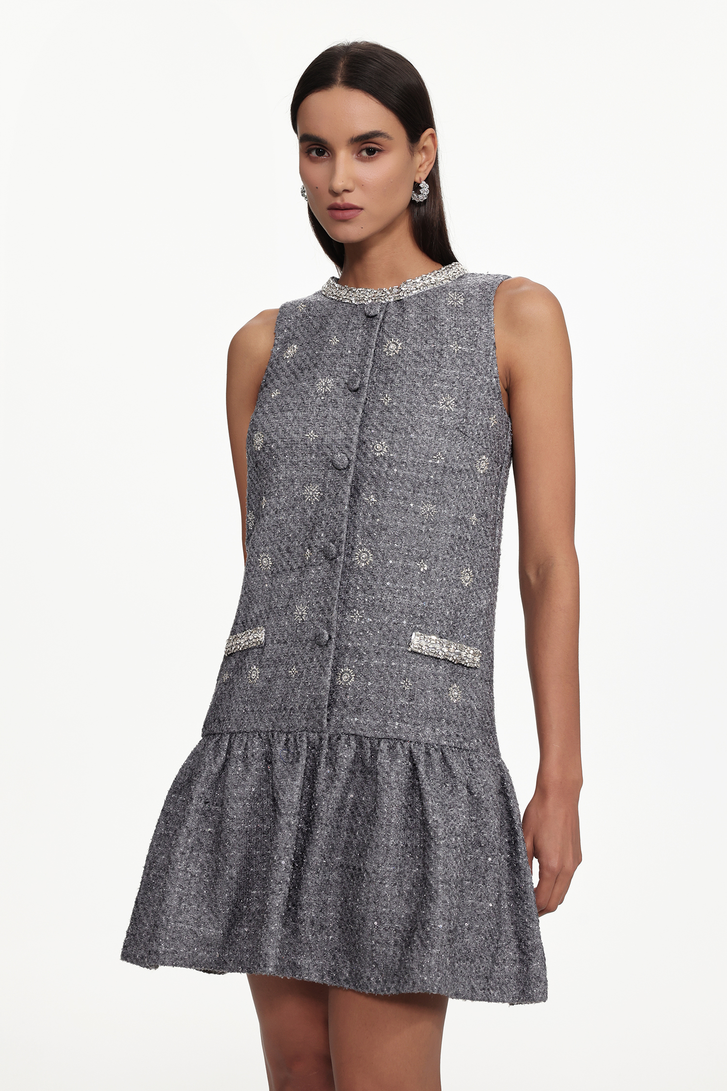 Naya Classic Tailored Round Neck Sleeveless Rhinestone Woven Mini Dress