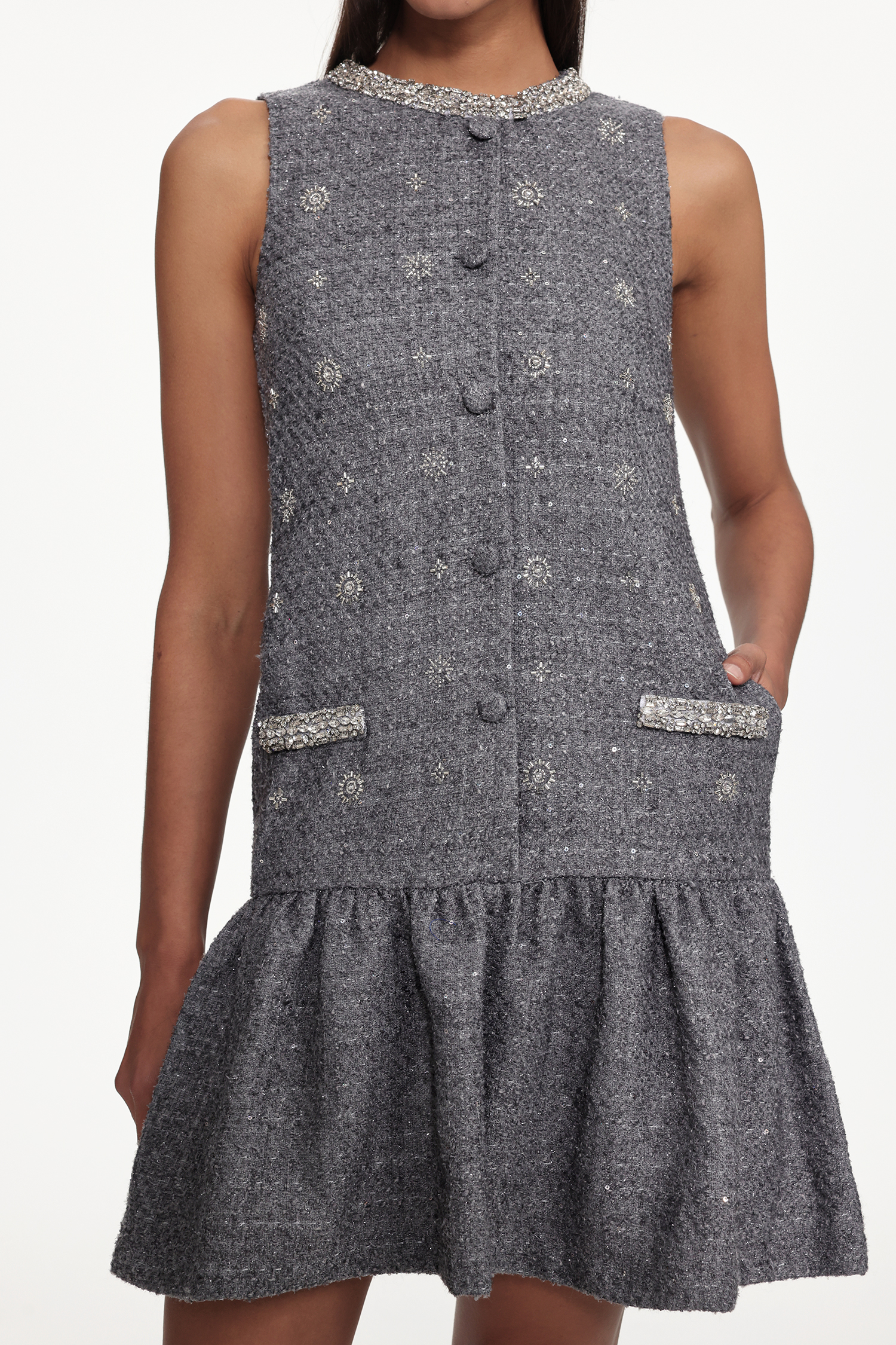 Naya Classic Tailored Round Neck Sleeveless Rhinestone Woven Mini Dress