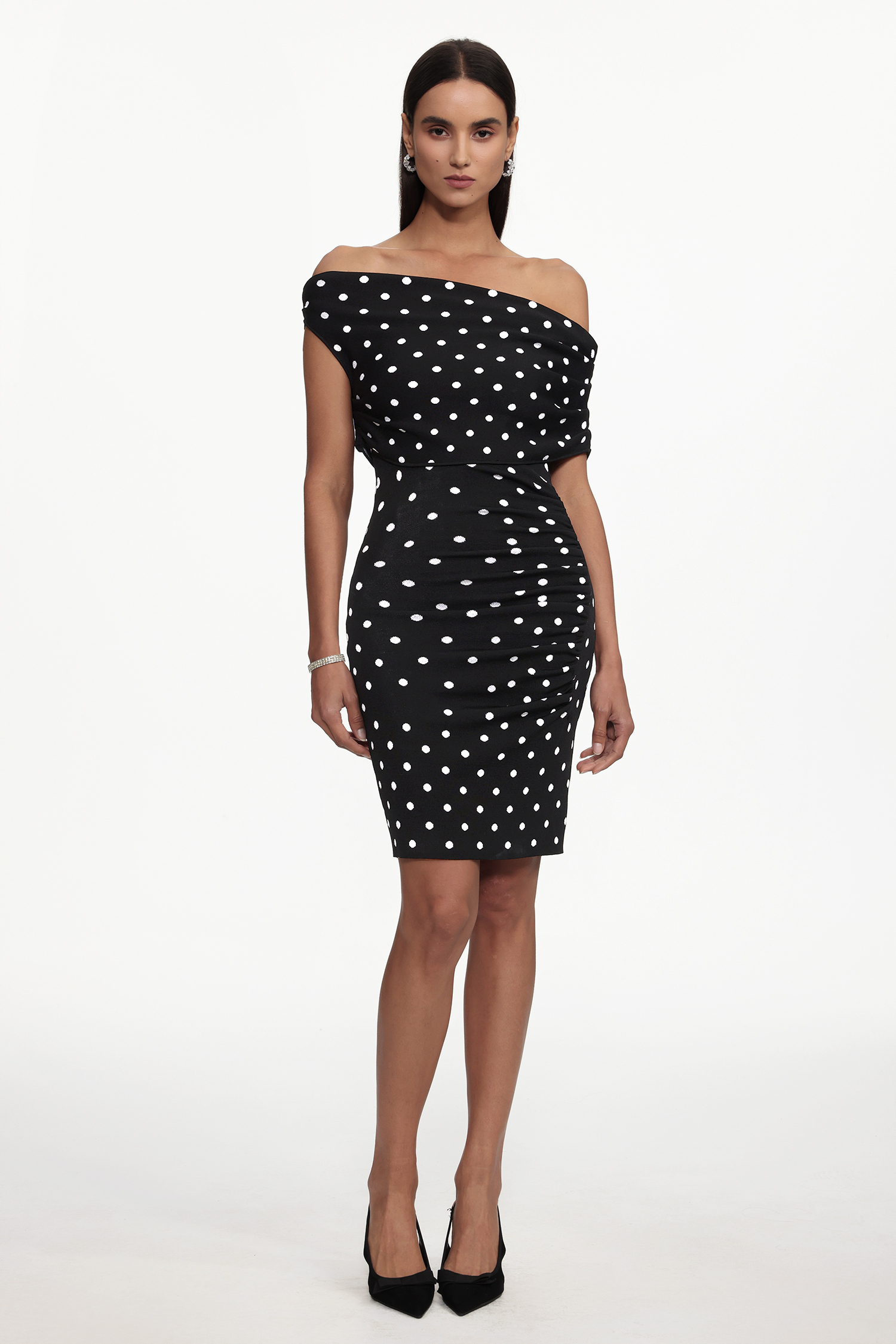 Miaka Chic Contour One Shoulder Polka Dot Knit Mini Dress