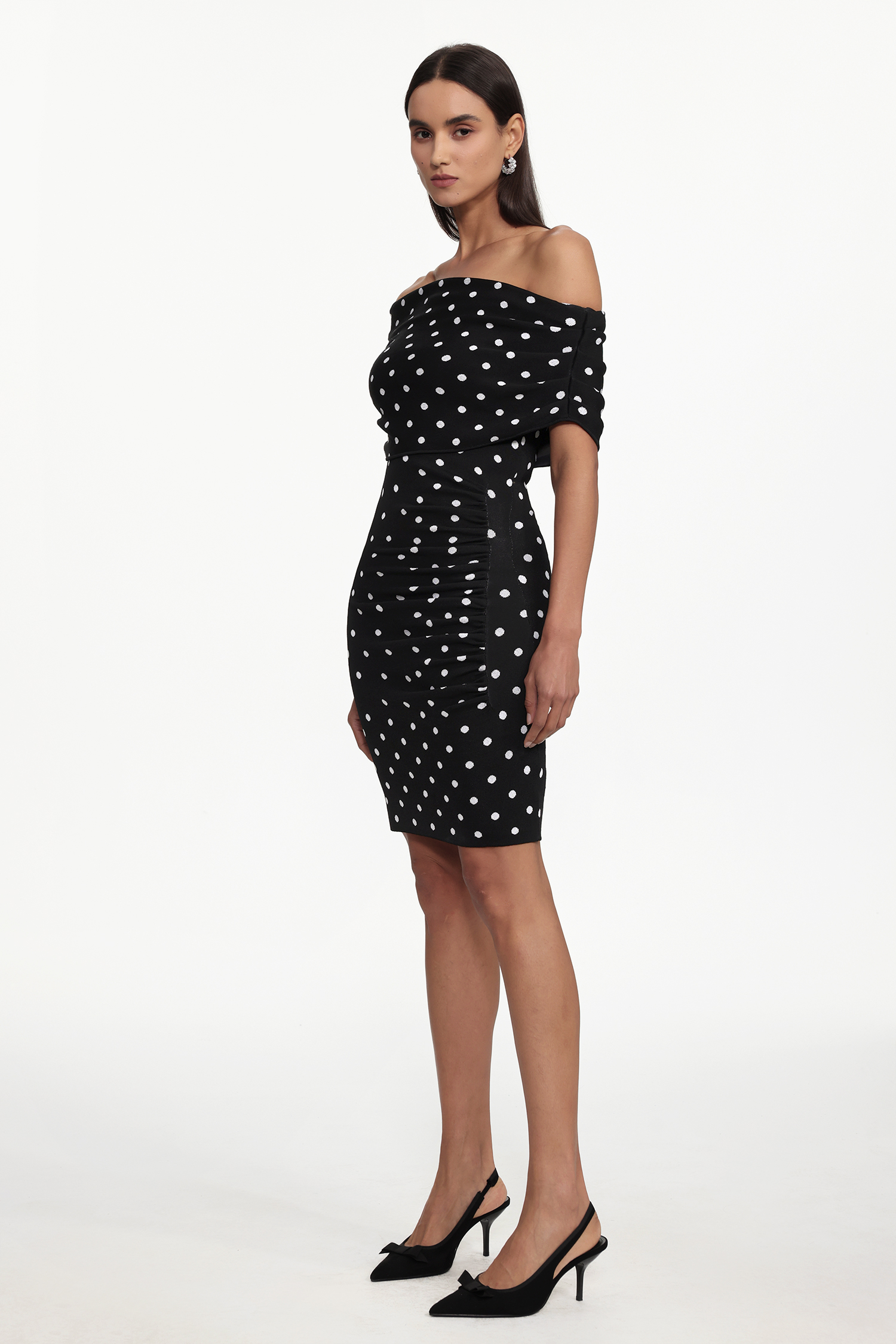 Miaka Chic Contour One Shoulder Polka Dot Knit Mini Dress