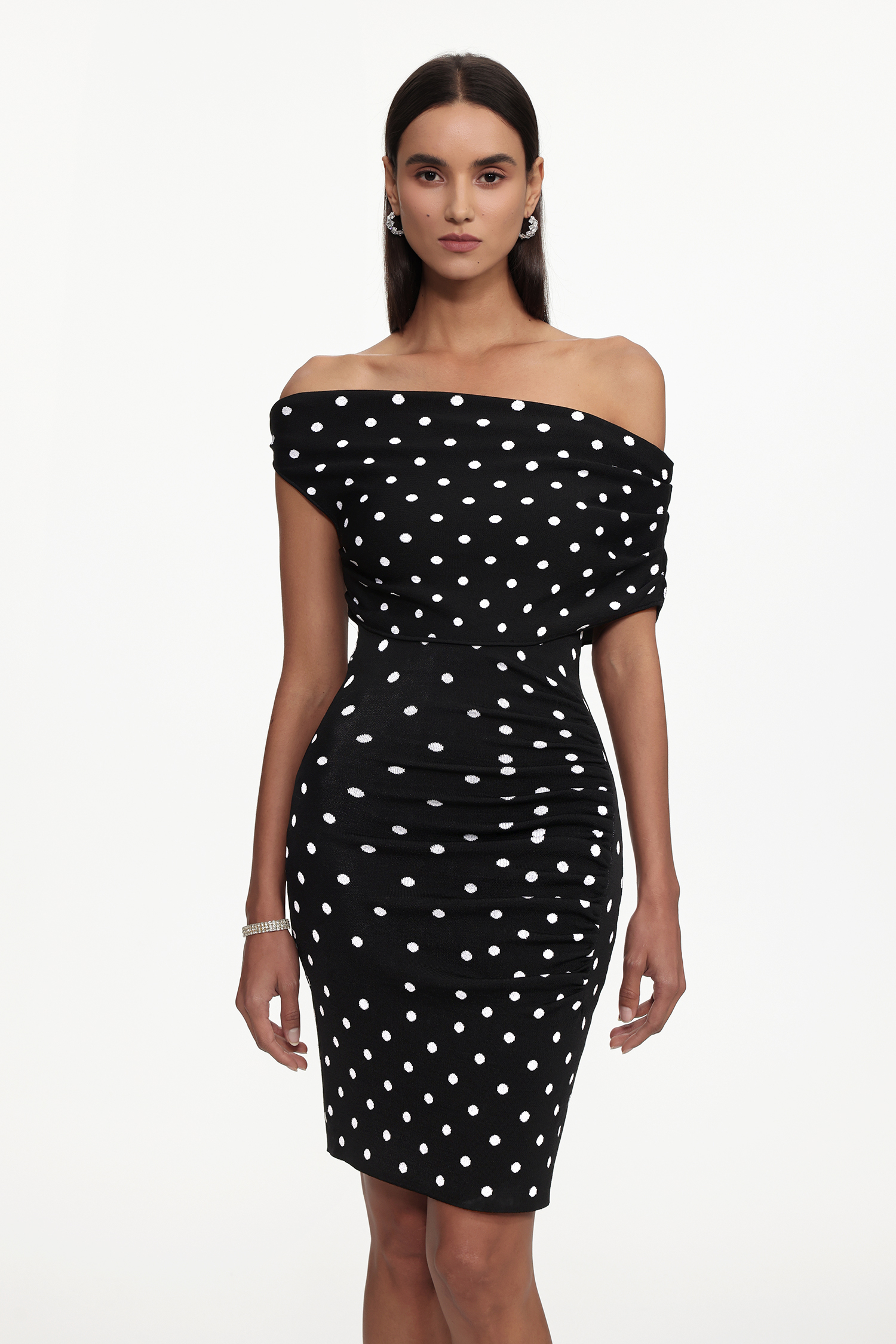 Miaka Chic Contour One Shoulder Polka Dot Knit Mini Dress