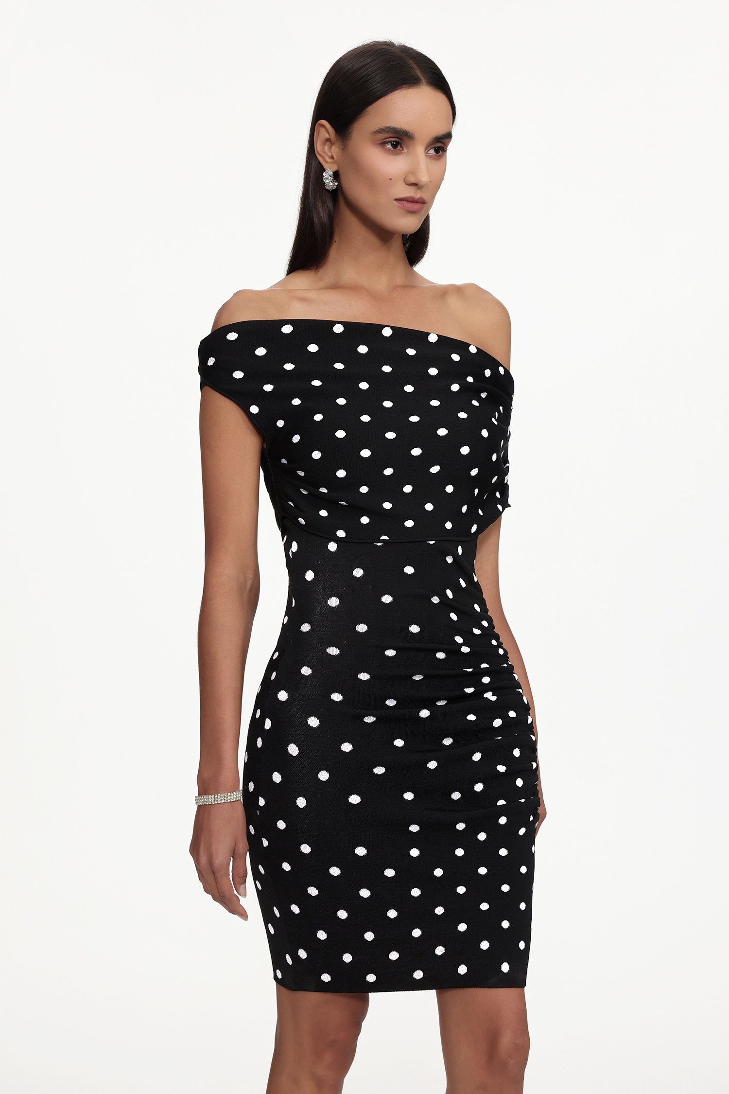 Miaka Chic Contour One Shoulder Polka Dot Knit Mini Dress
