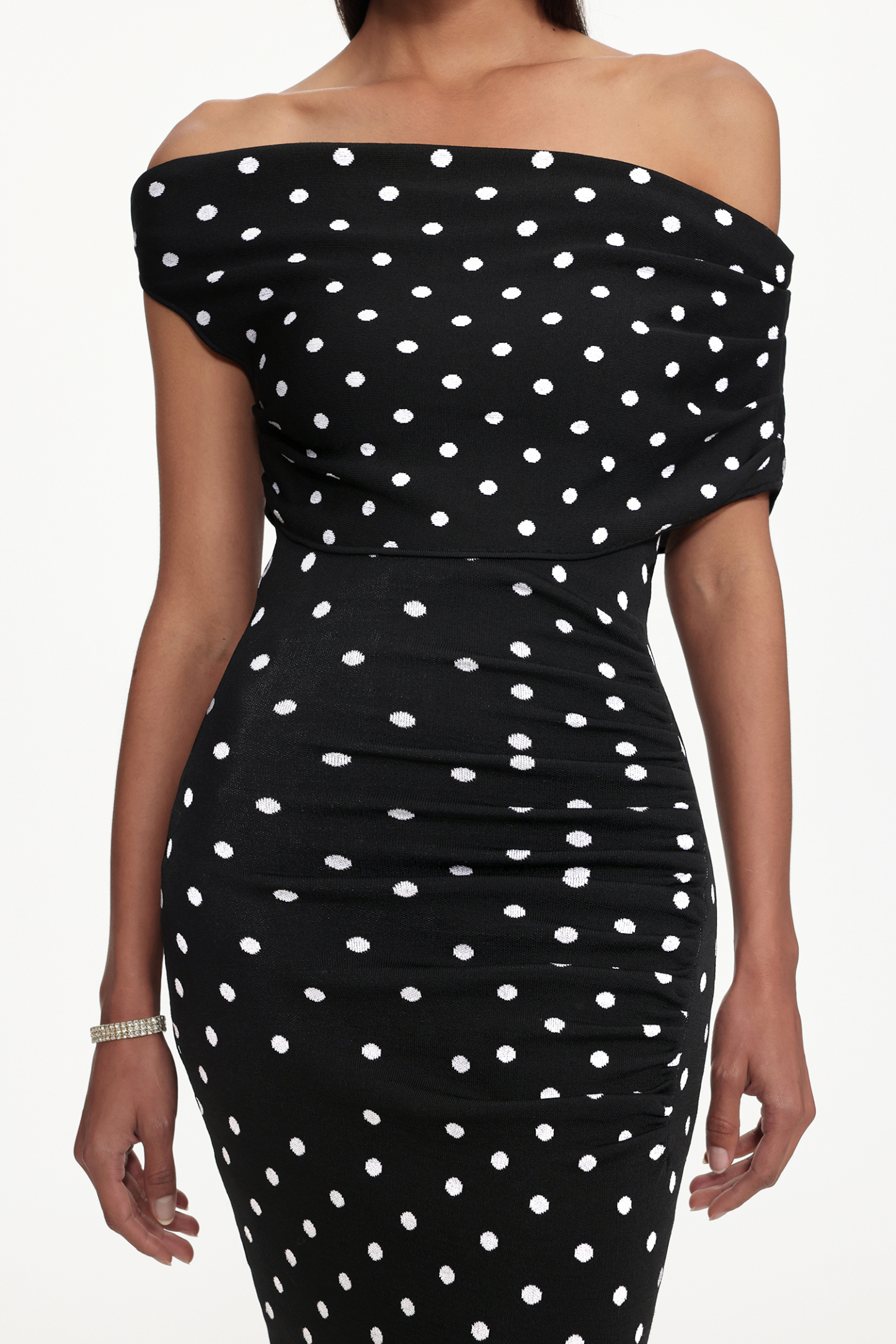 Miaka Chic Contour One Shoulder Polka Dot Knit Mini Dress