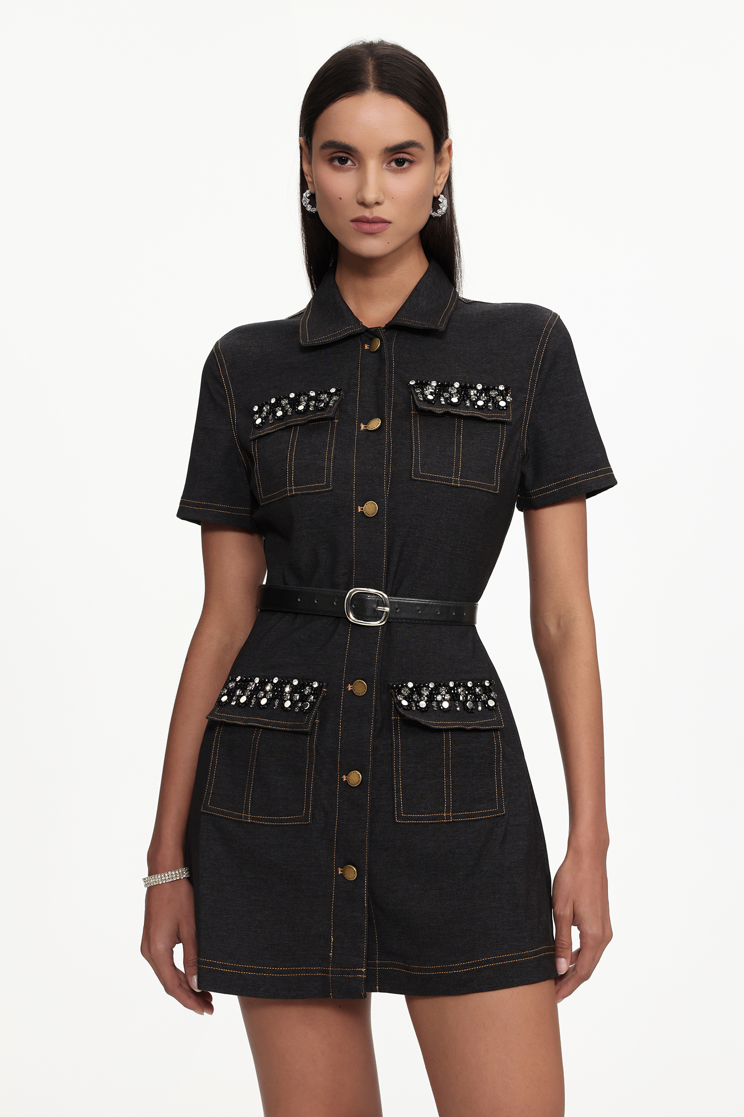 Mauris Chic Tailored Short Sleeve Rhinestone Denim Mini Dress