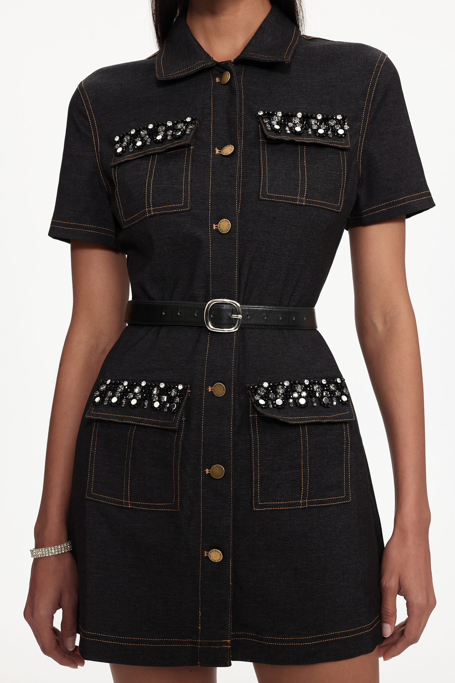 Mauris Chic Tailored Short Sleeve Rhinestone Denim Mini Dress