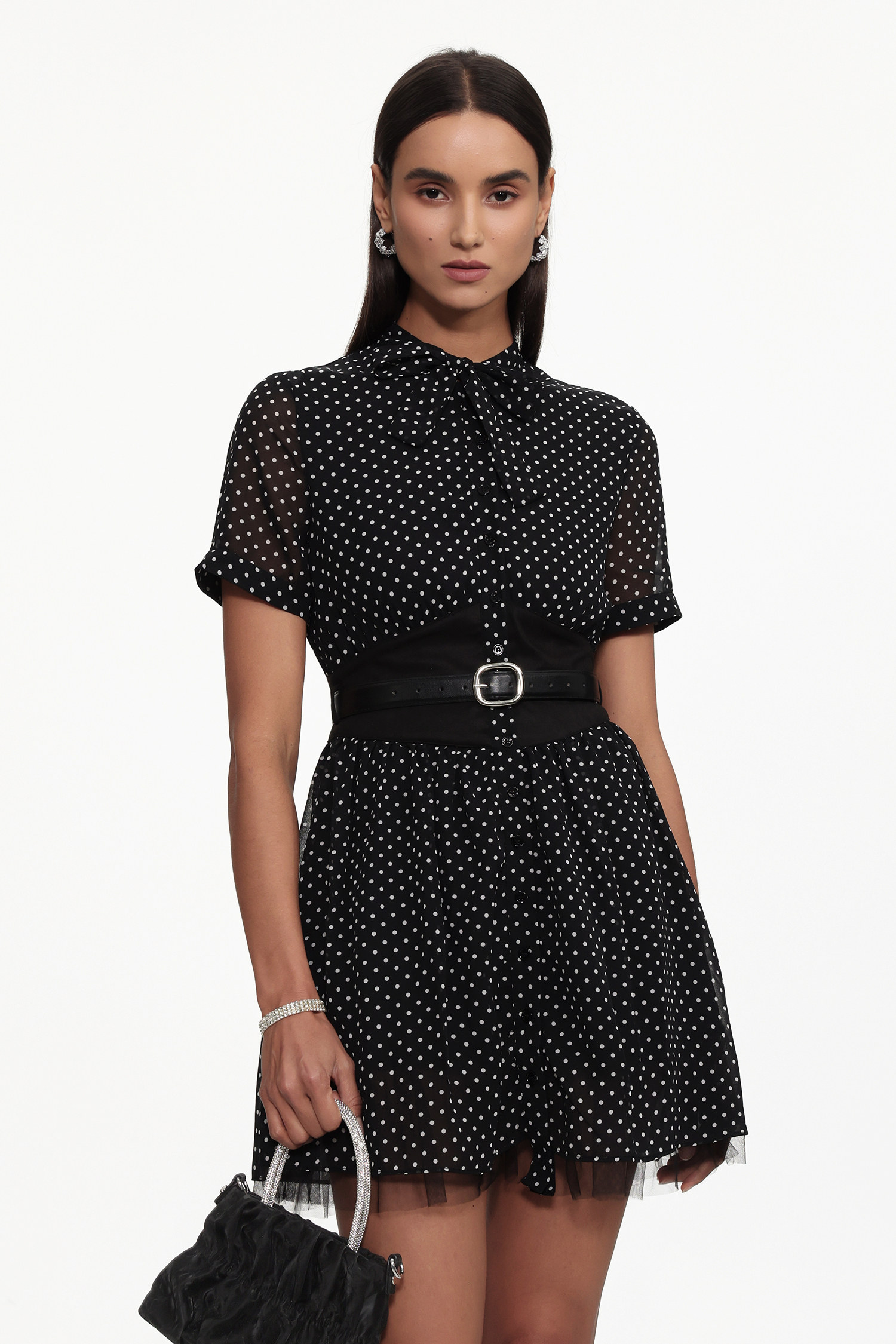 Iriana Chic Tailored Short Sleeve Polka Dot Chiffon Mini Dress