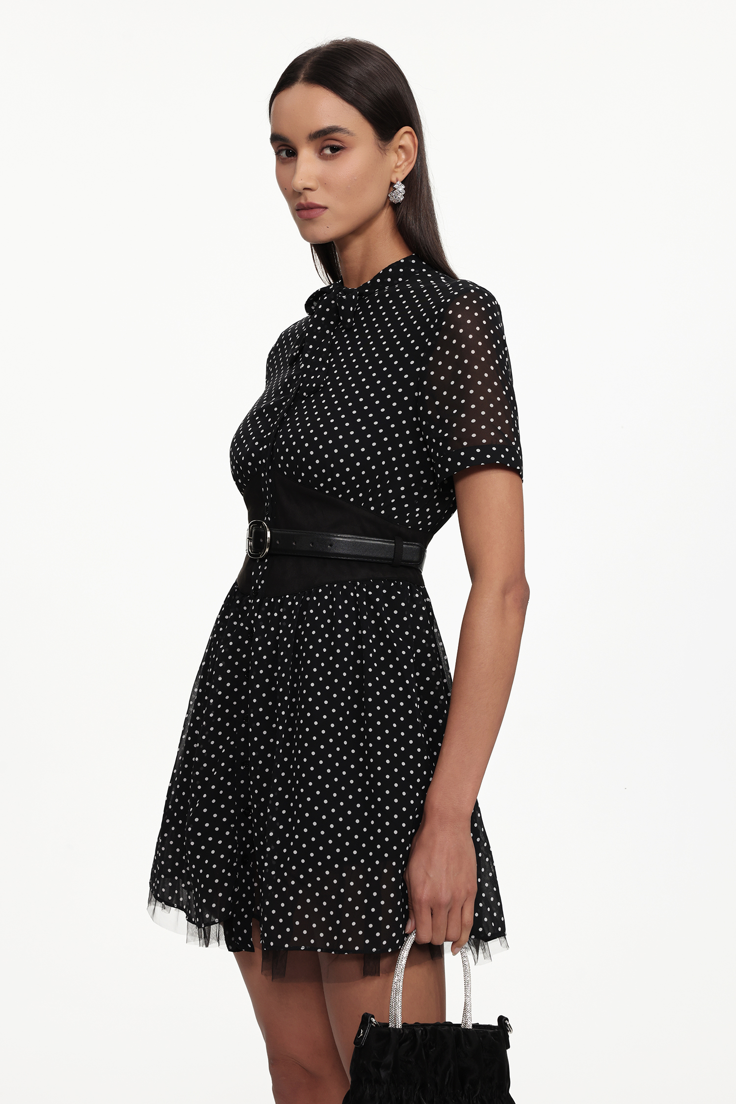 Iriana Chic Tailored Short Sleeve Polka Dot Chiffon Mini Dress