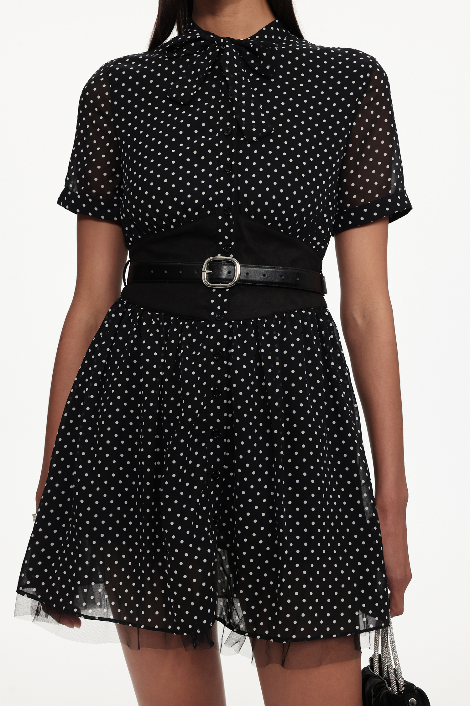 Iriana Chic Tailored Short Sleeve Polka Dot Chiffon Mini Dress
