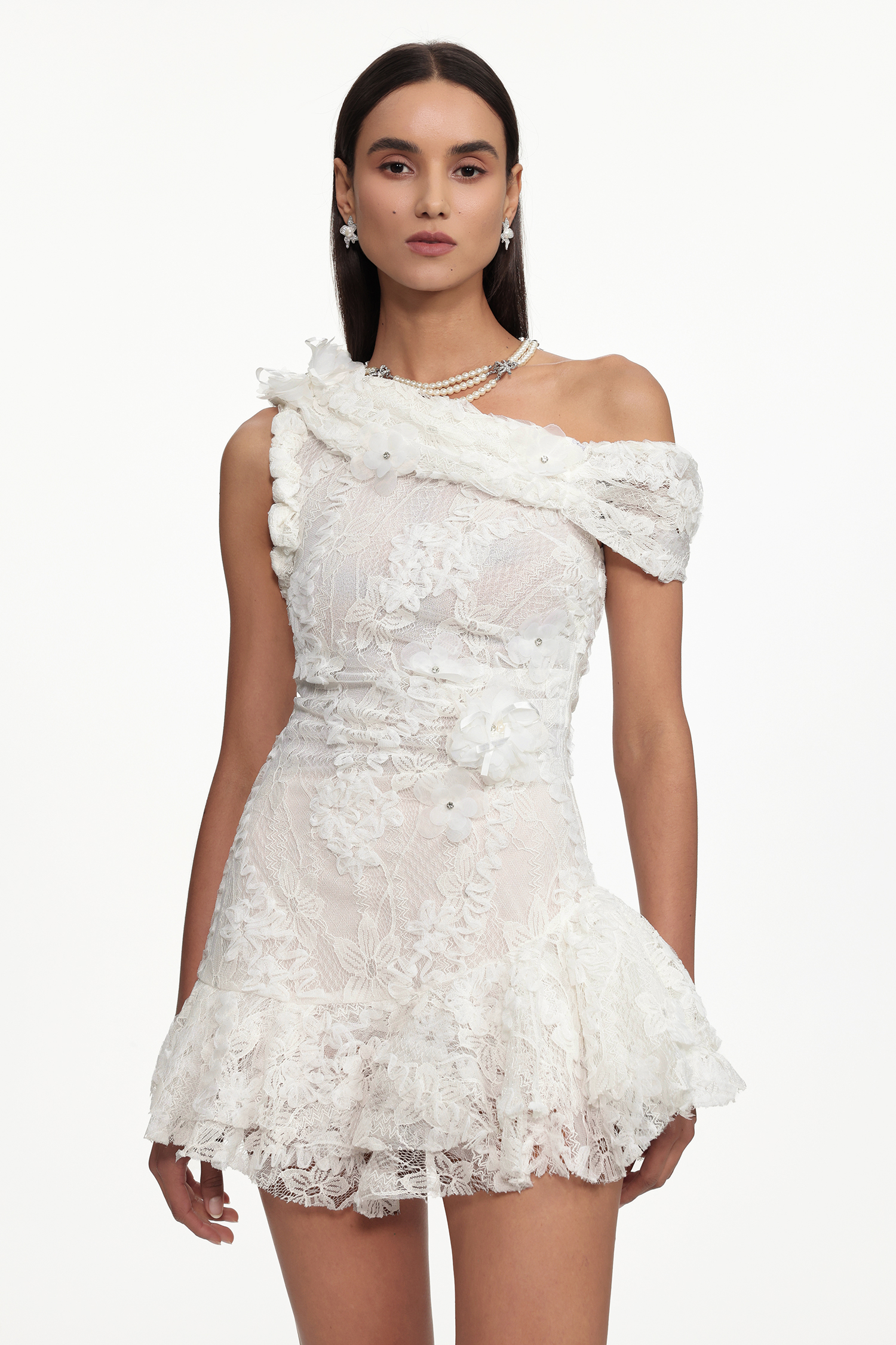 Maba Resort One Shoulder Floral Ruched Lace Mini Dress