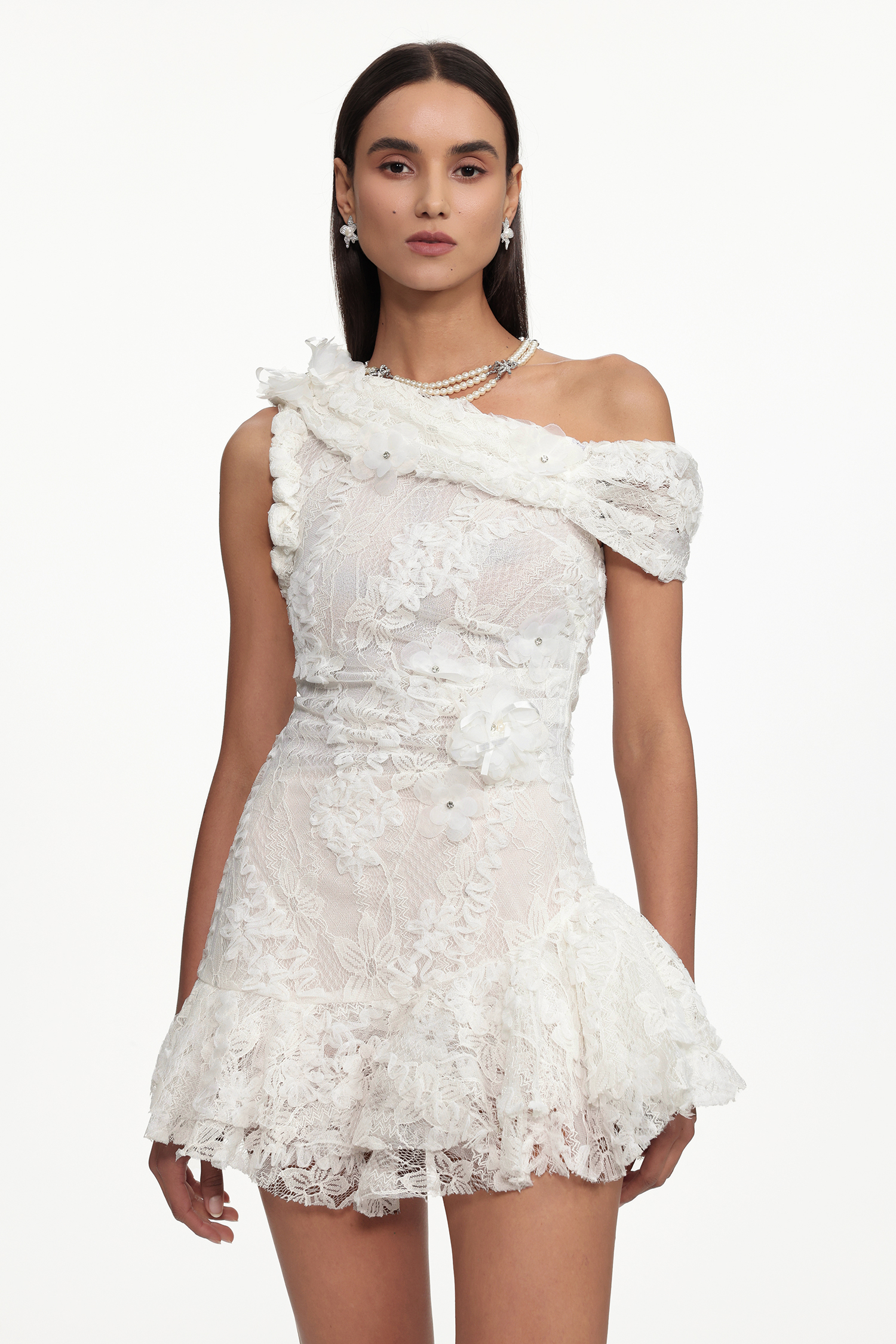 Maba Resort One Shoulder Floral Ruched Lace Mini Dress