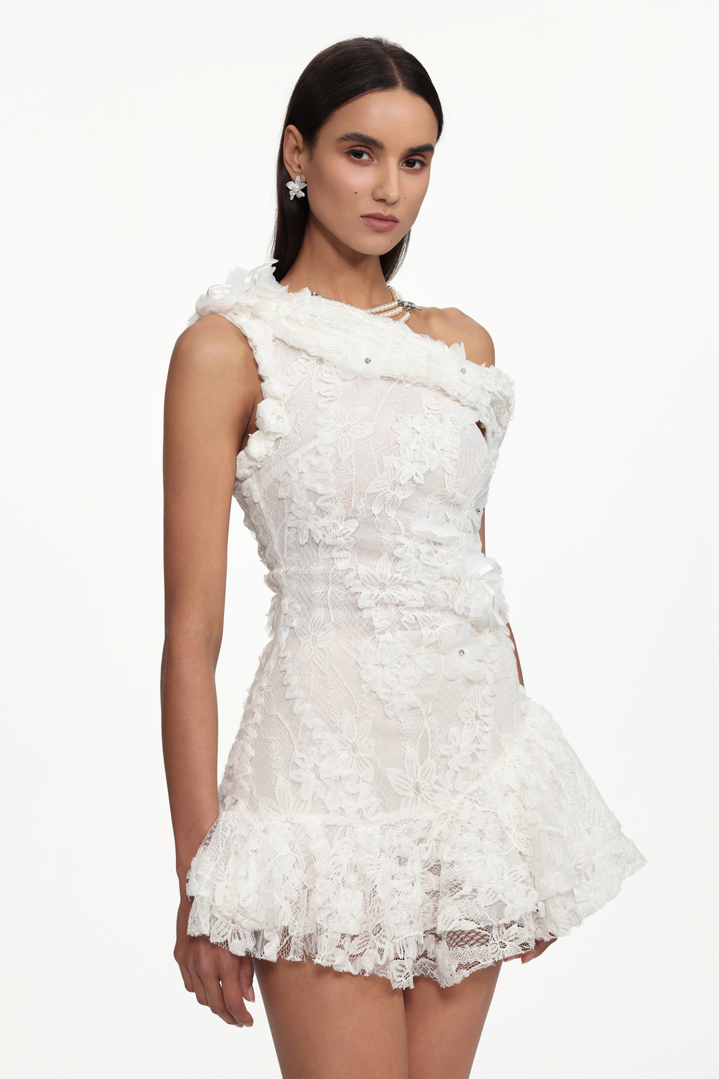 Maba Resort One Shoulder Floral Ruched Lace Mini Dress