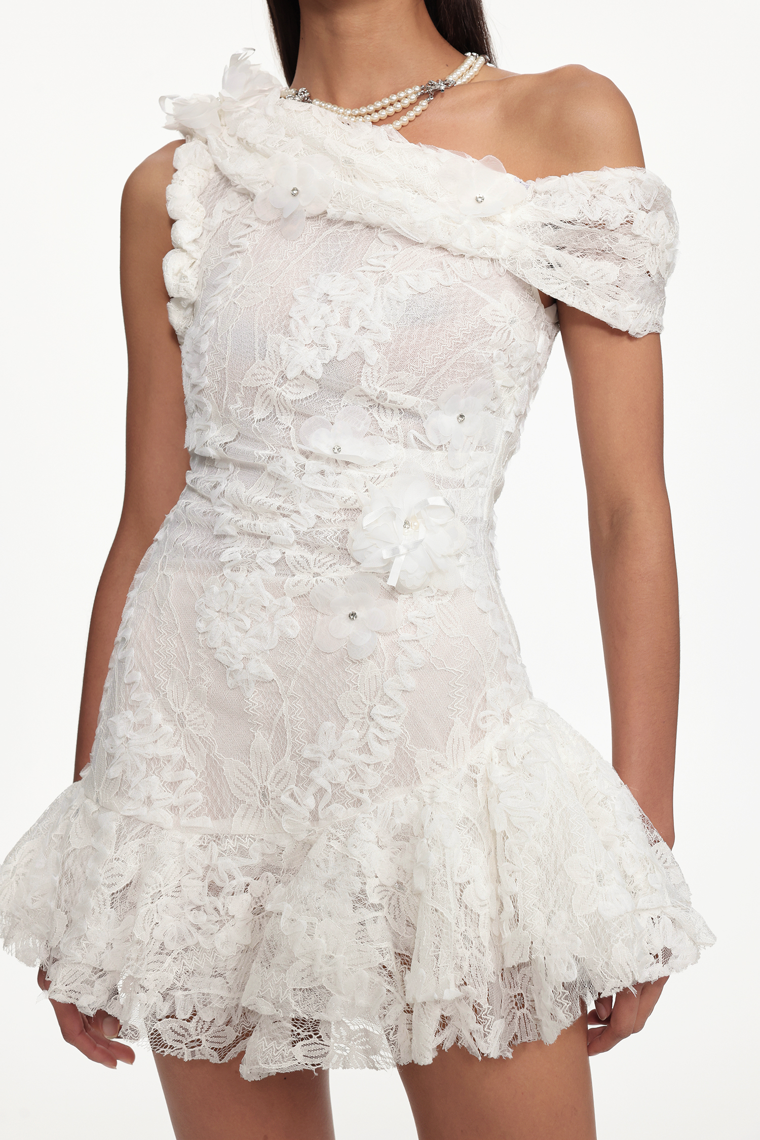 Maba Resort One Shoulder Floral Ruched Lace Mini Dress