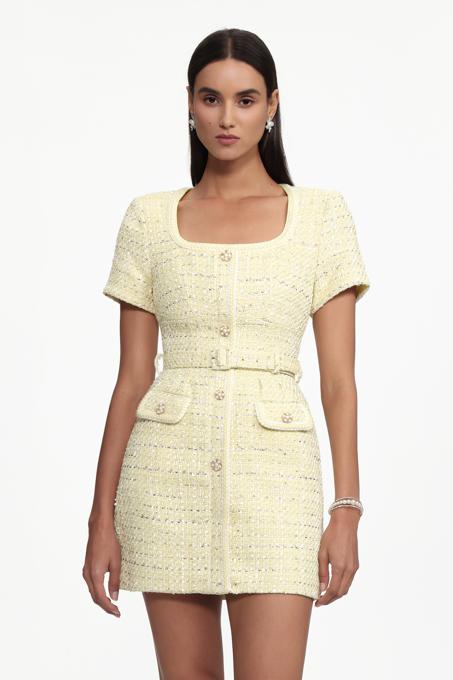 Zelda Classic Tailored Short Sleeve Tweed Yellow Mini Dress