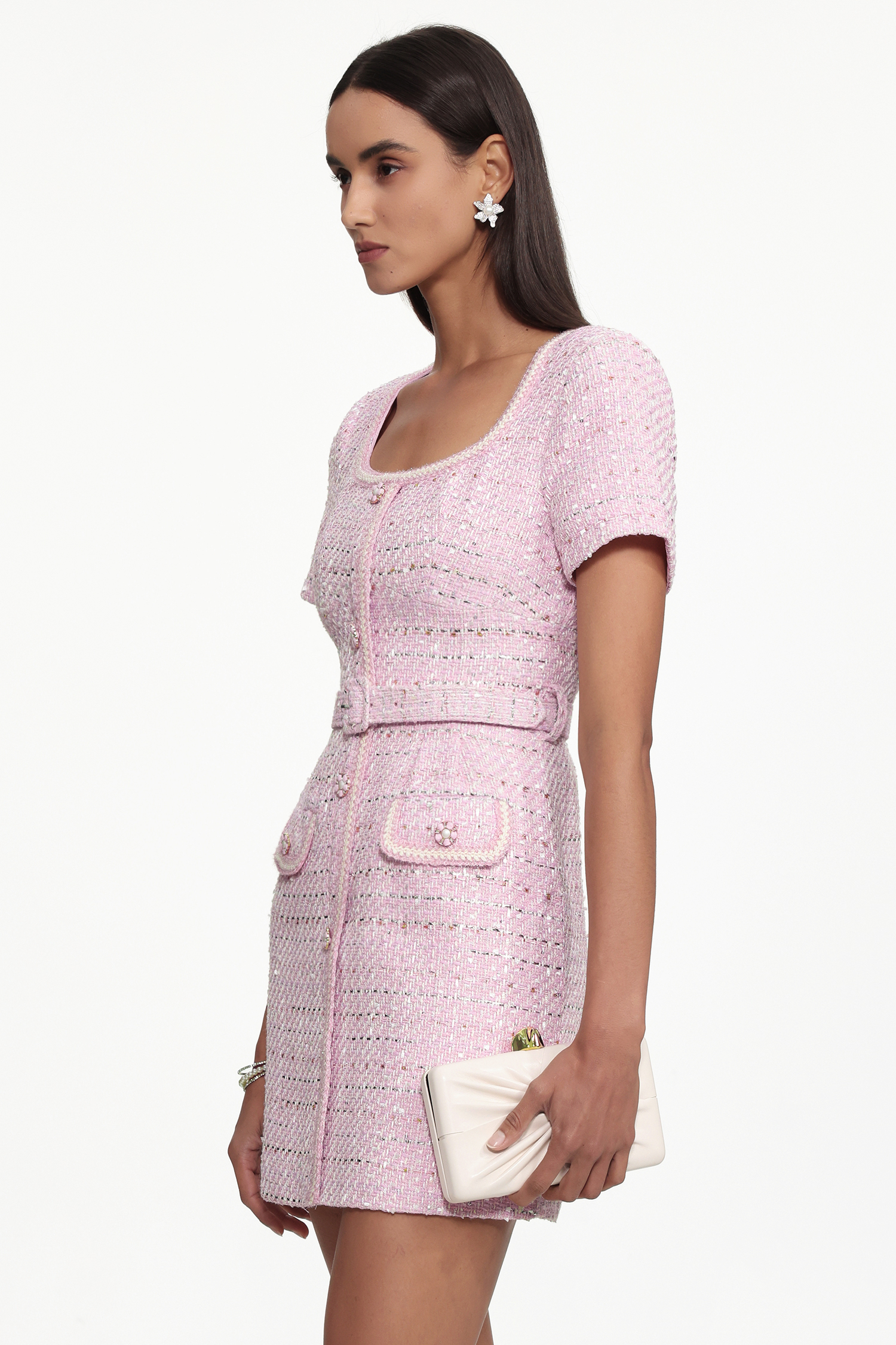 Zelda Classic Tailored Short Sleeve Tweed Pink Mini Dress